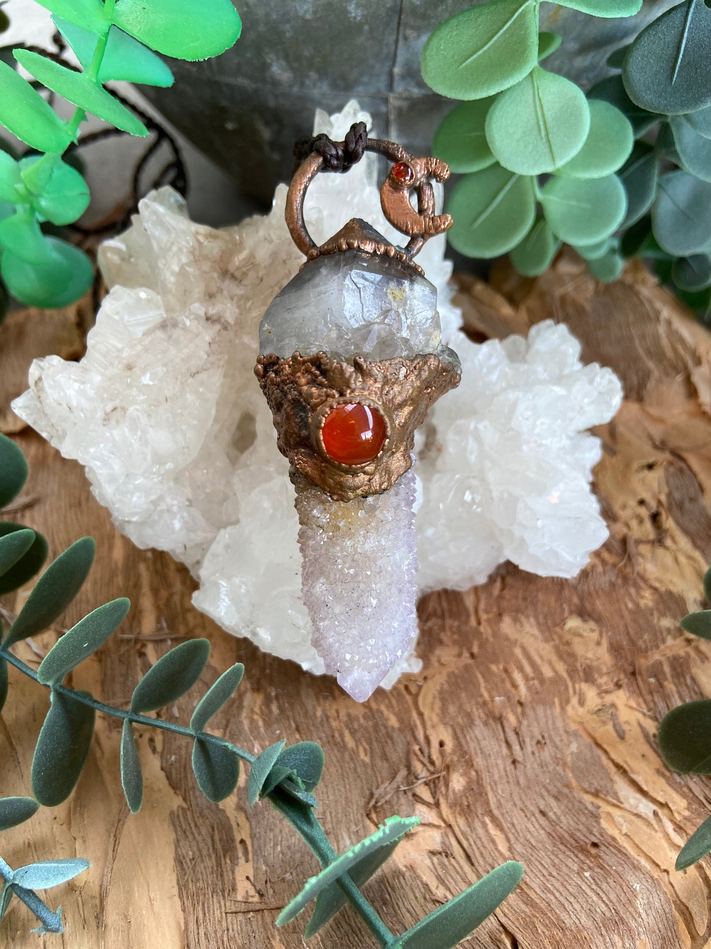 Spirit Moon Pendant | Smoky Quartz, Amethyst Spirit Quartz & Carnelian