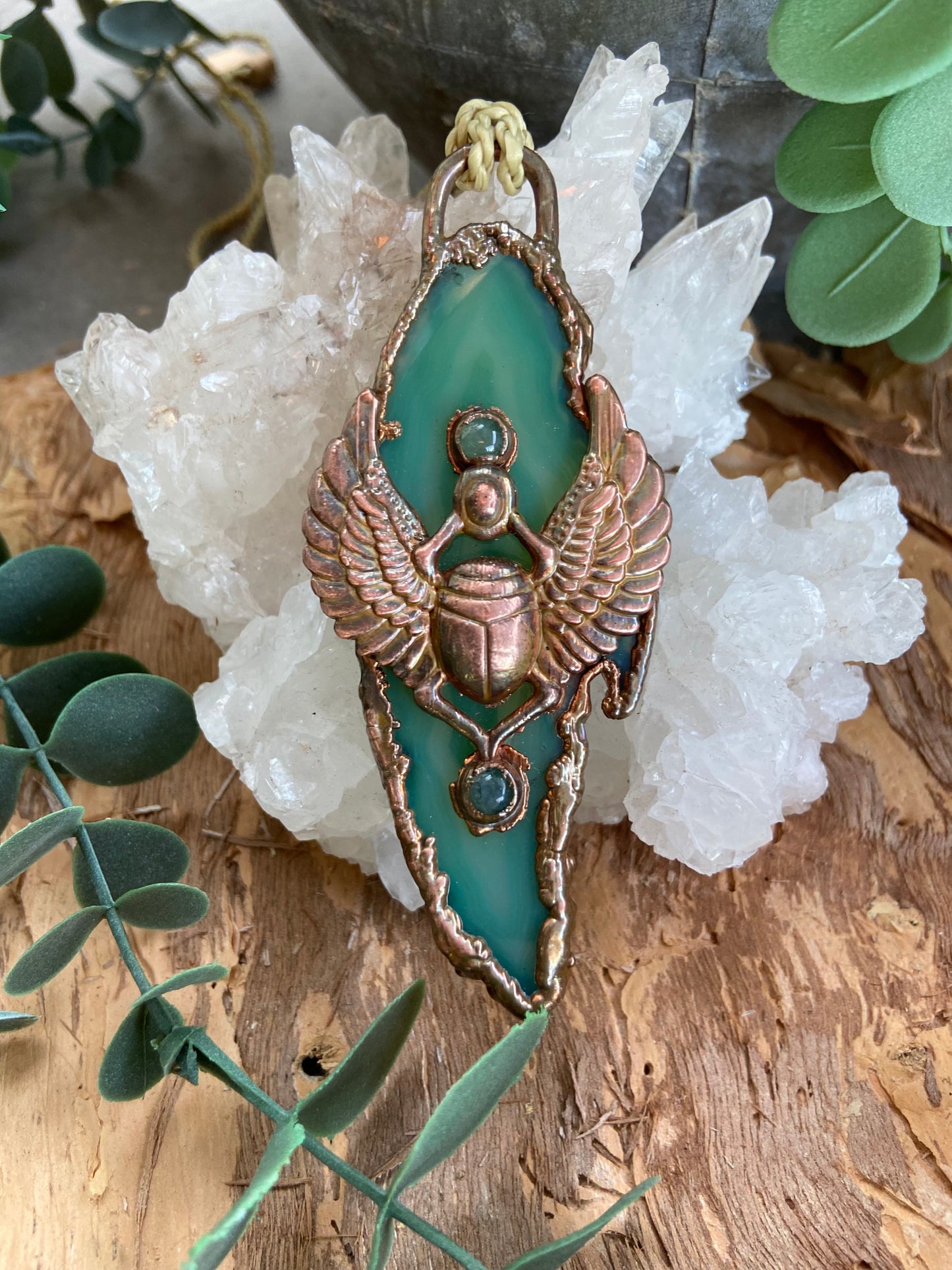 Green Agate Scarab Pendant | Handmade Egyptian Crystal Necklace