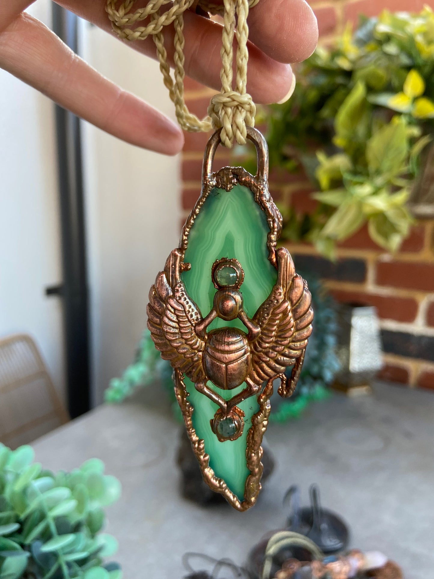 Green Agate Scarab Pendant | Handmade Egyptian Crystal Necklace