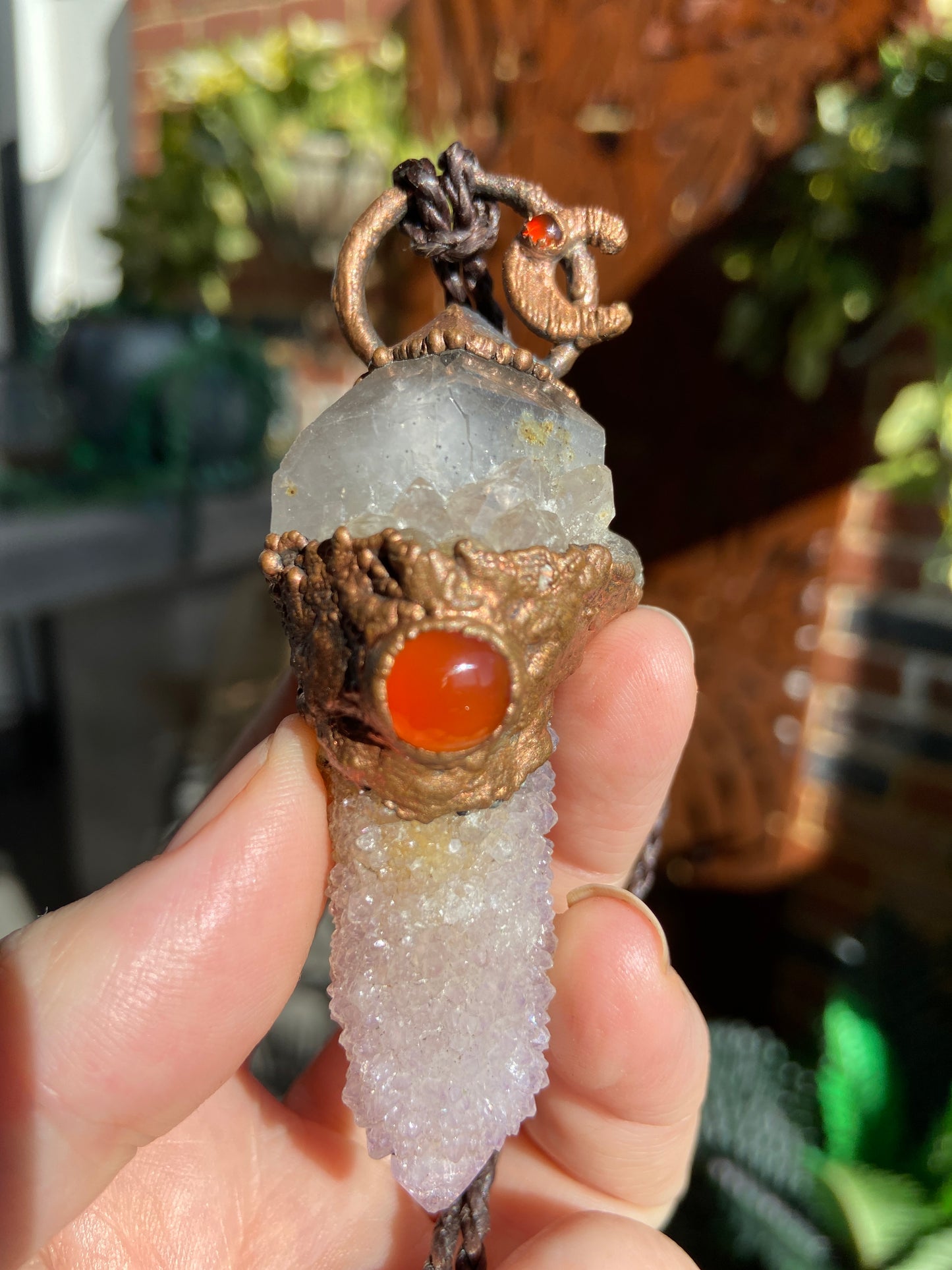 Spirit Moon Pendant | Smoky Quartz, Amethyst Spirit Quartz & Carnelian