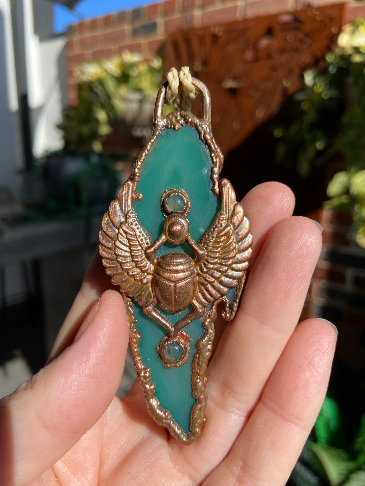 Green Agate Scarab Pendant | Handmade Egyptian Crystal Necklace