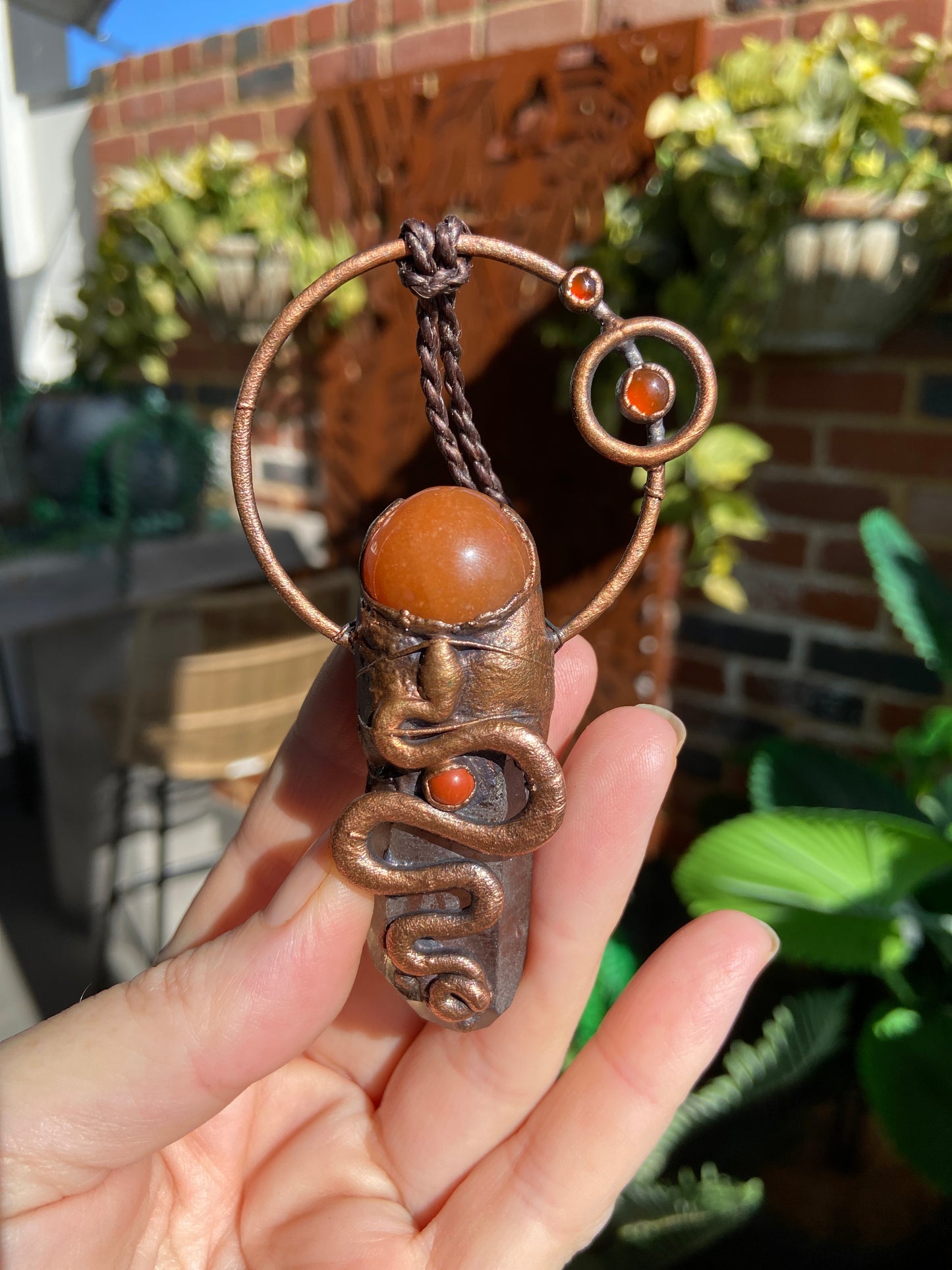 Snake Charm Pendant | Smoky Quartz & Carnelian | Kundalini Energy