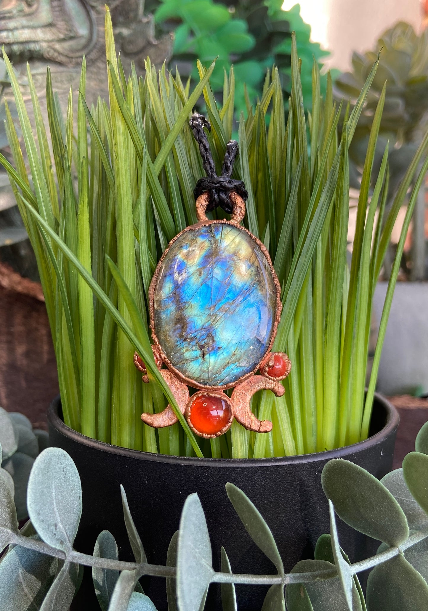 Blue Labradorite Copper Pendant | Crescent Moon & Labradorite Necklace