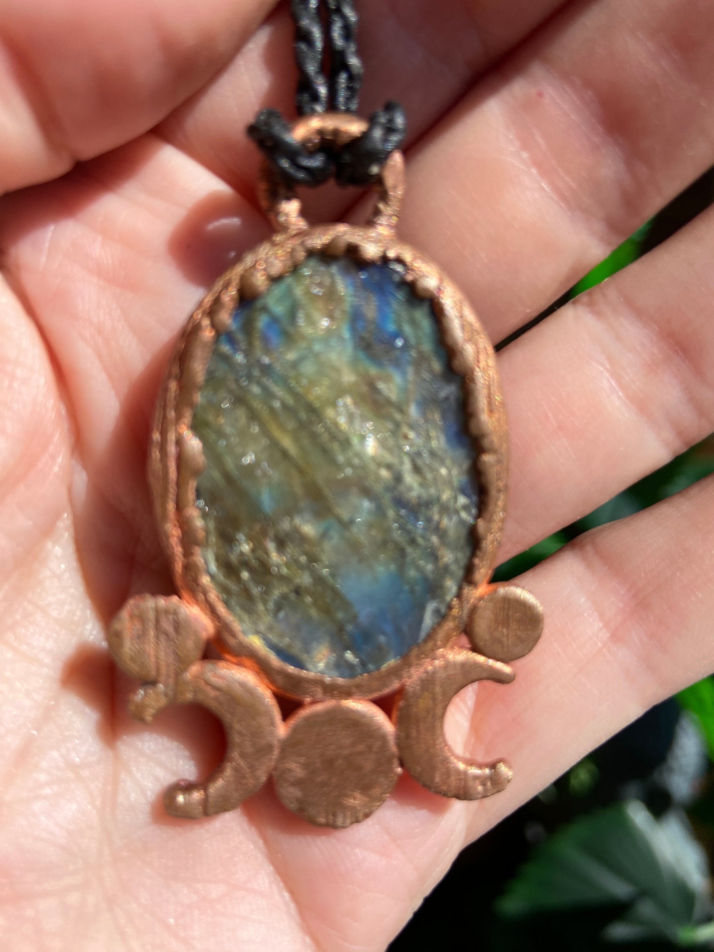 Blue Labradorite Copper Pendant | Crescent Moon & Labradorite Necklace