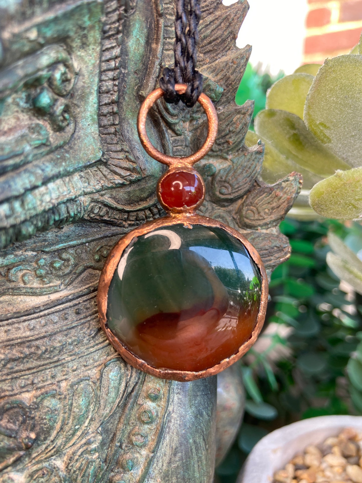 Indian Agate & Carnelian Pendant | Handmade Copper Crystal Necklace