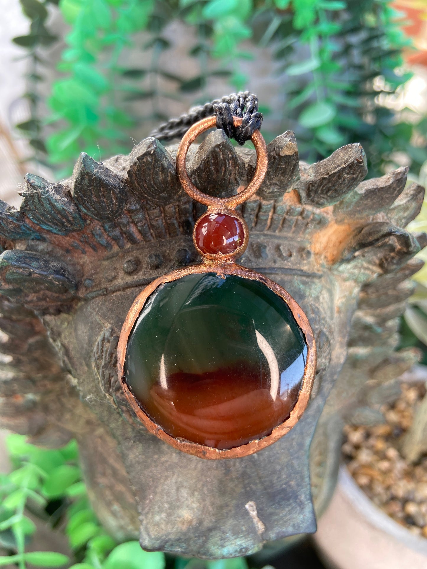 Indian Agate & Carnelian Pendant | Handmade Copper Crystal Necklace