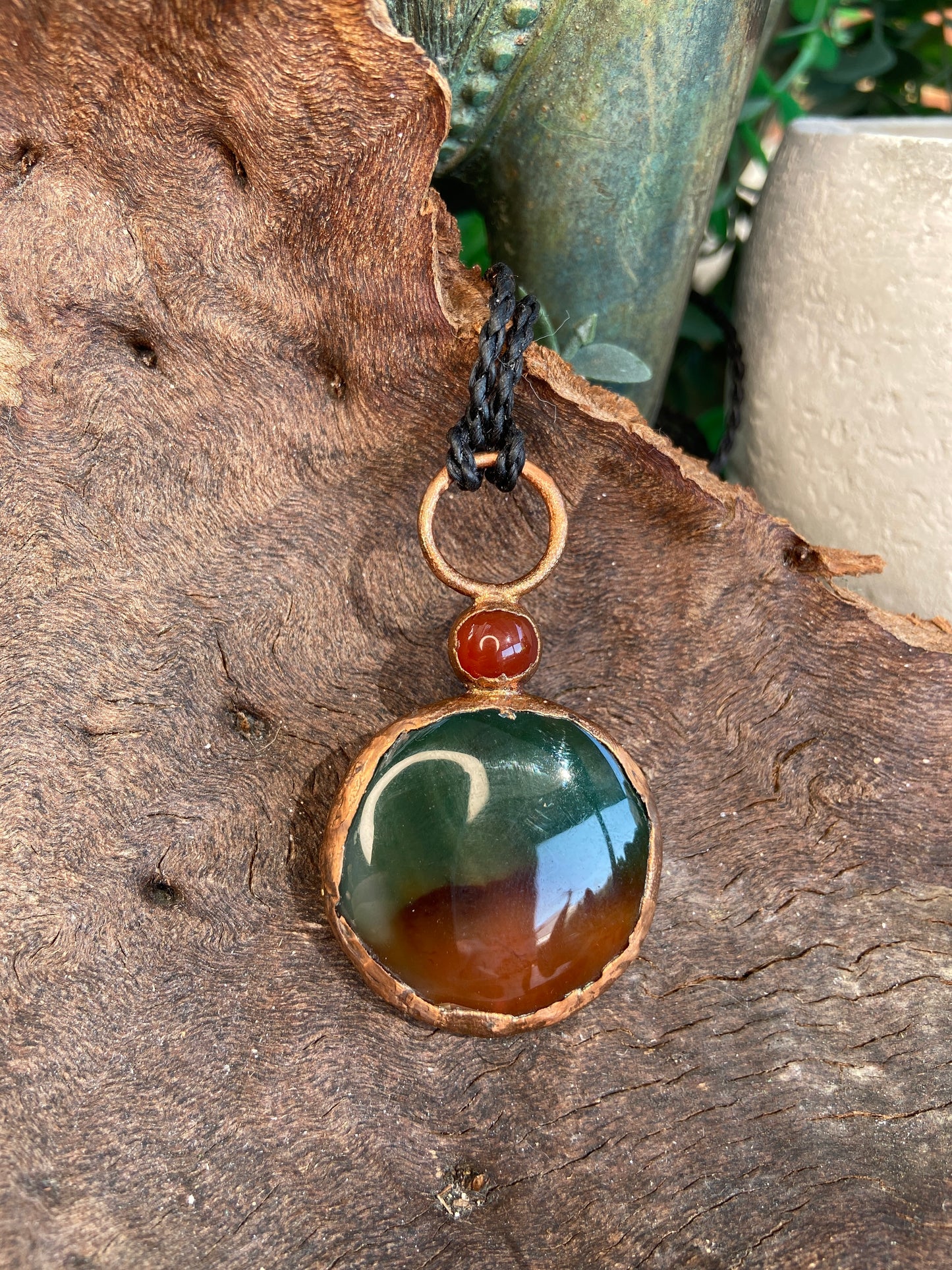 Indian Agate & Carnelian Pendant | Handmade Copper Crystal Necklace
