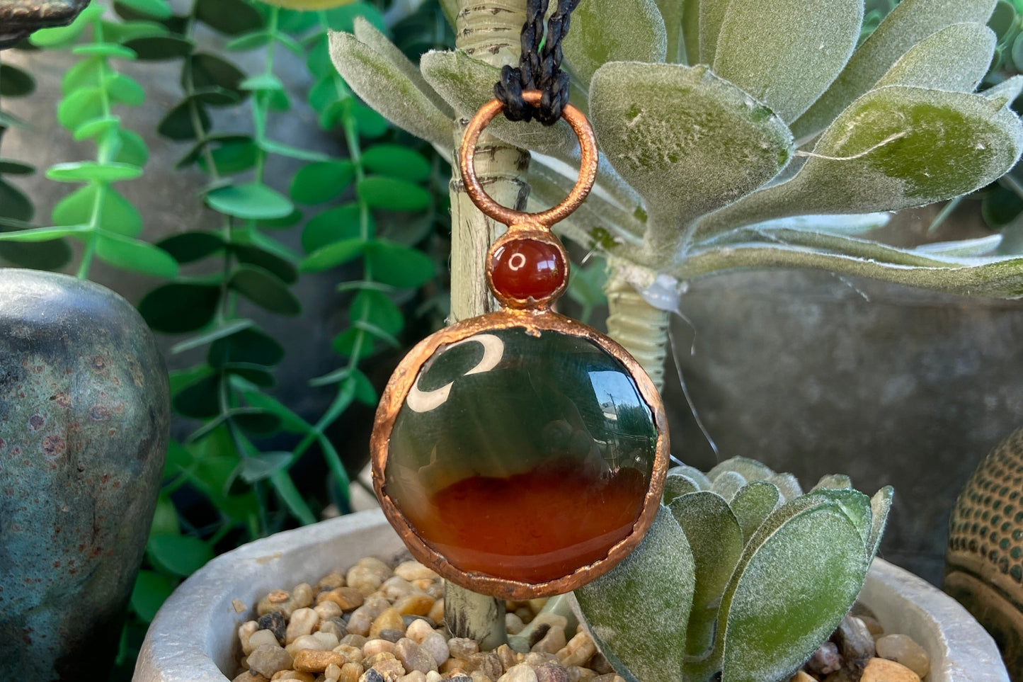 Indian Agate & Carnelian Pendant | Handmade Copper Crystal Necklace