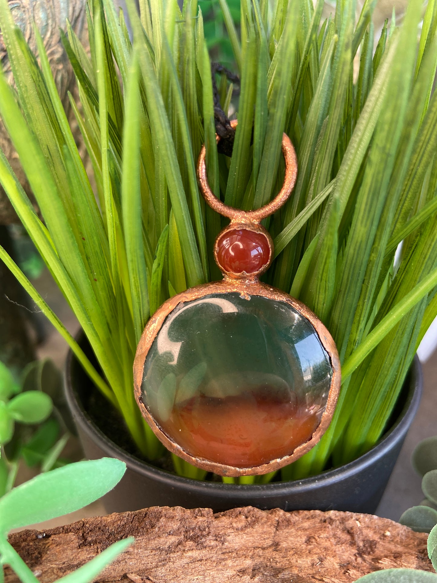 Indian Agate & Carnelian Pendant | Handmade Copper Crystal Necklace