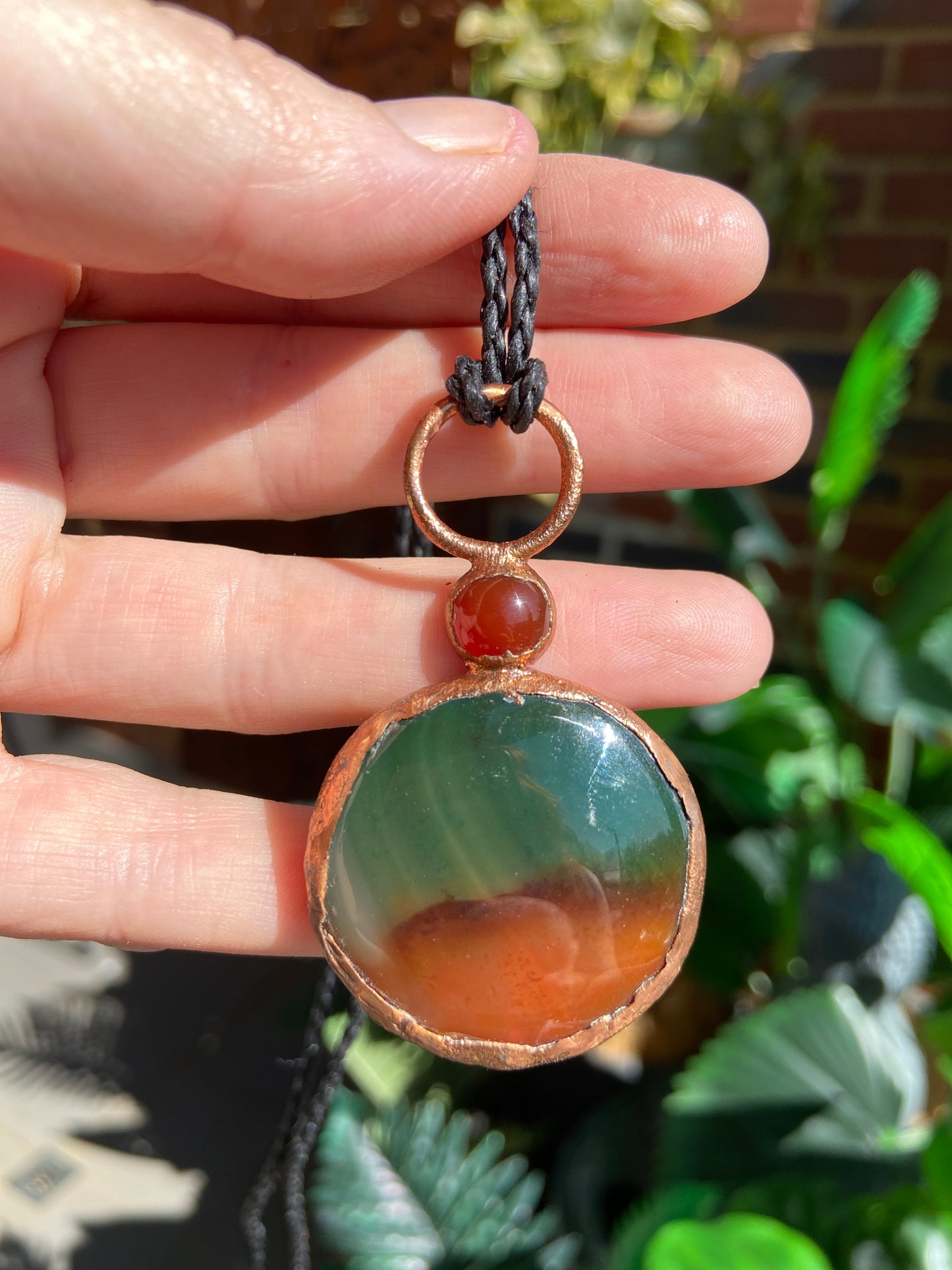 Indian Agate & Carnelian Pendant | Handmade Copper Crystal Necklace