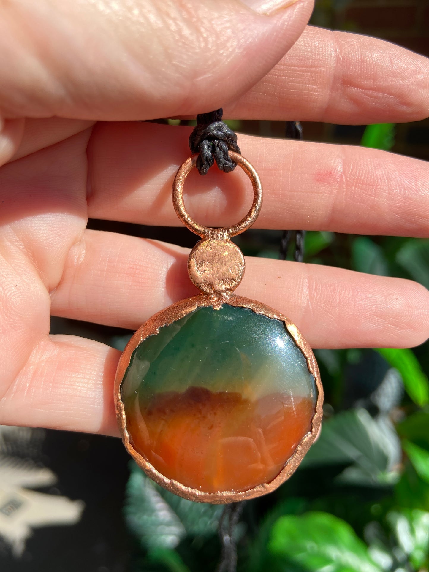 Indian Agate & Carnelian Pendant | Handmade Copper Crystal Necklace