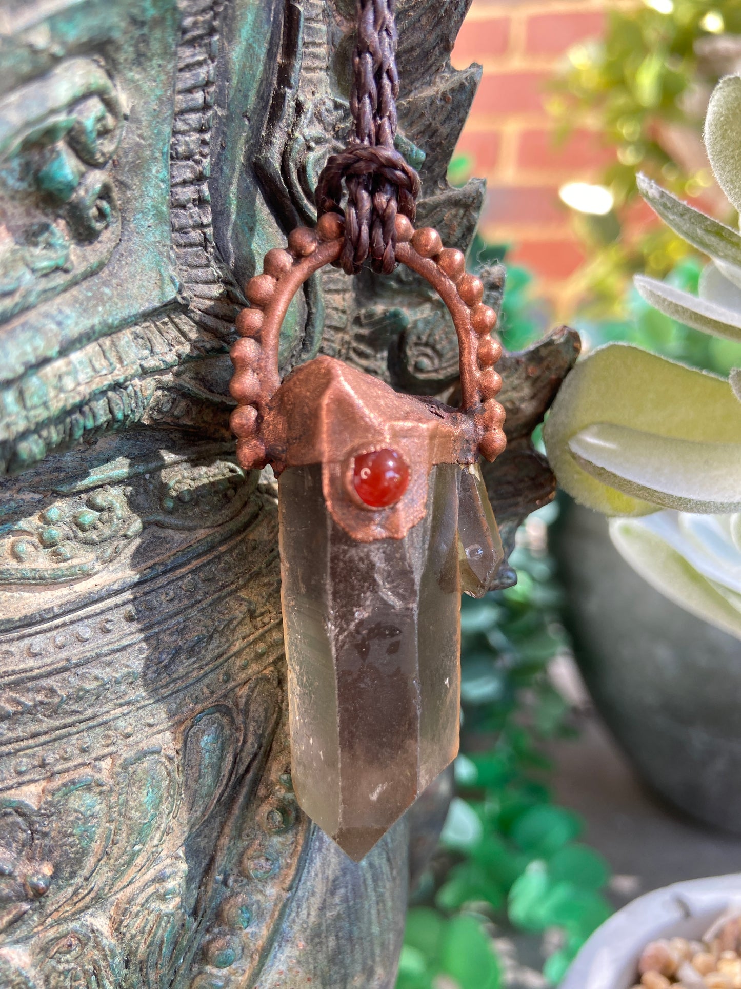 Smoky Quartz & Carnelian Pendant | Handmade Copper Necklace | Crystal Jewellery
