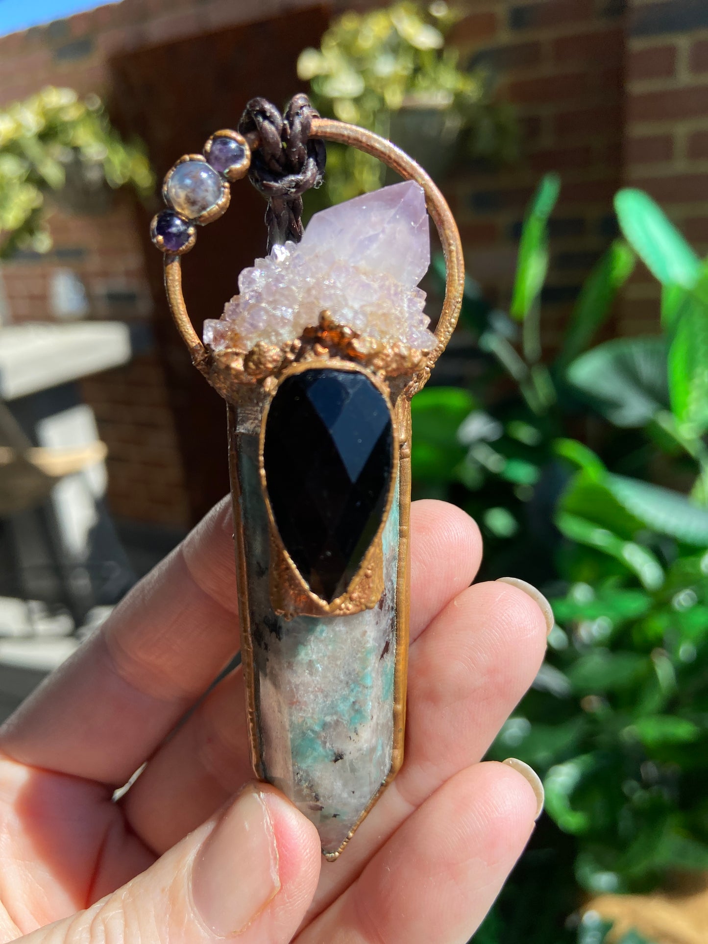 Amazonite Pendant with Black Obsidian, Spirit Quartz and Triple Amethyst