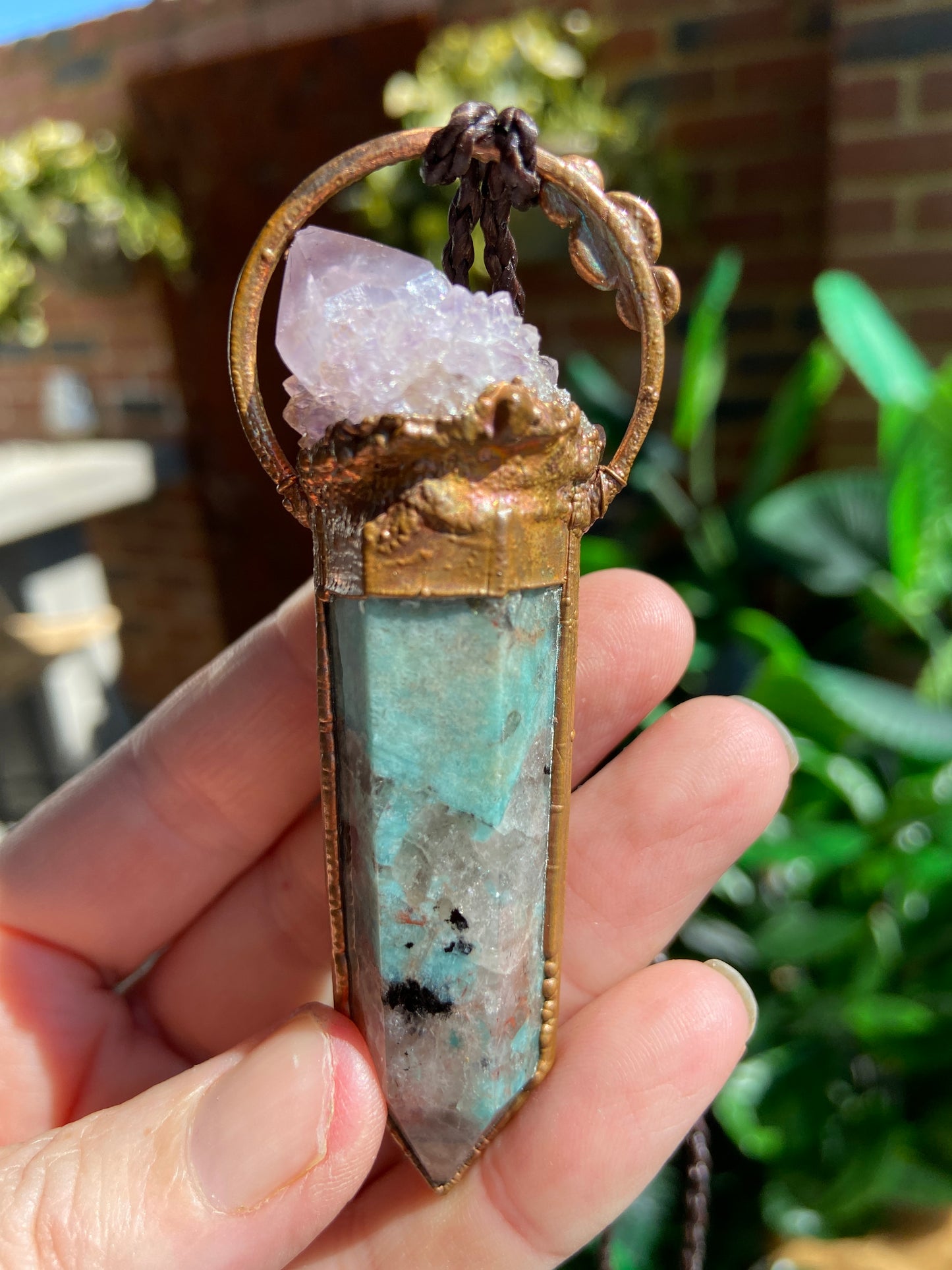 Amazonite Pendant with Black Obsidian, Spirit Quartz and Triple Amethyst