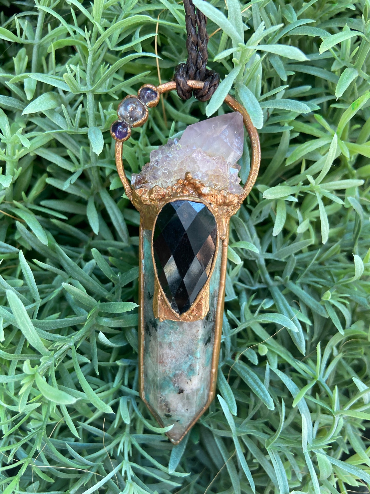 Amazonite Pendant with Black Obsidian, Spirit Quartz and Triple Amethyst