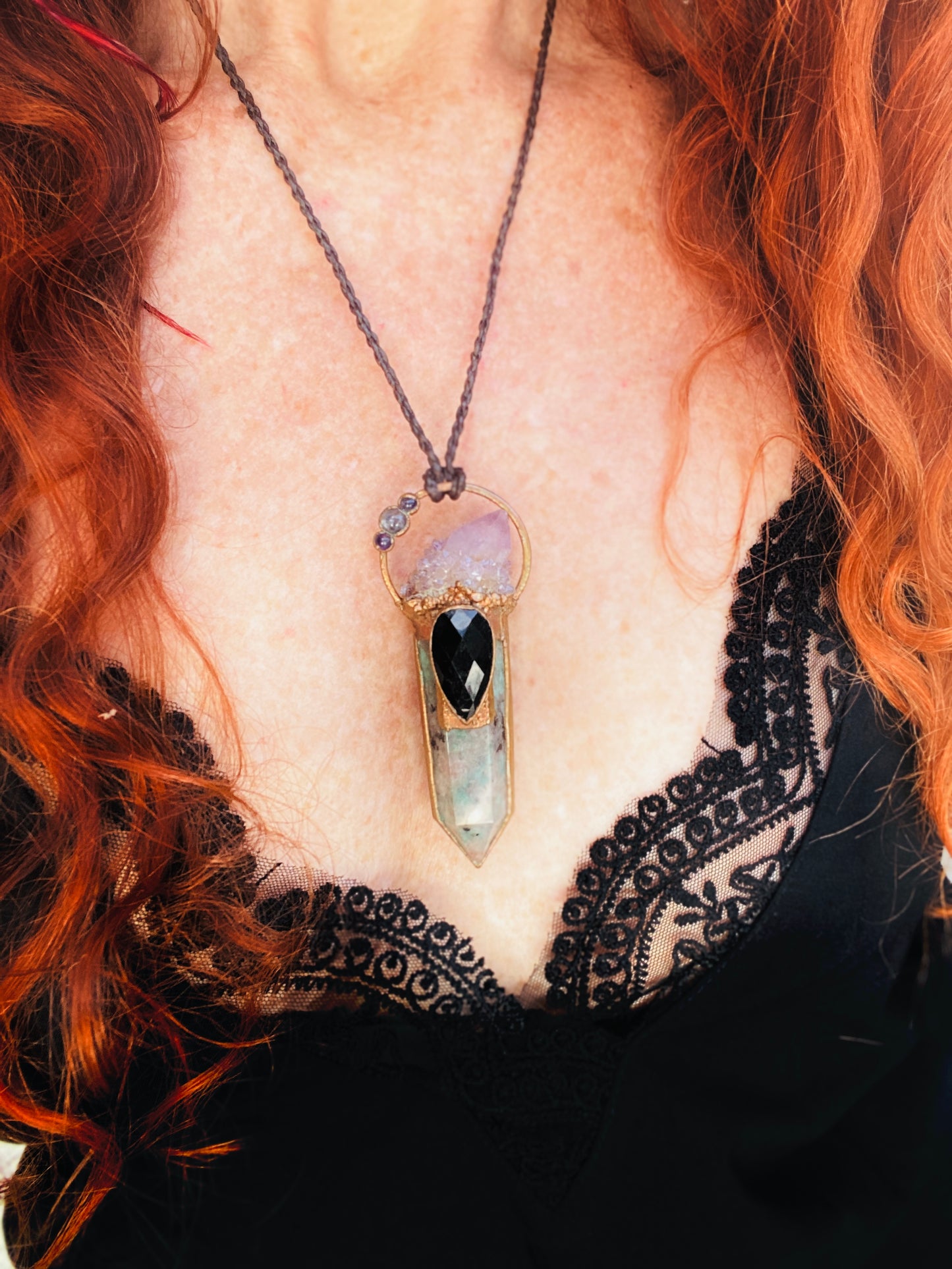 Amazonite Pendant with Black Obsidian, Spirit Quartz and Triple Amethyst