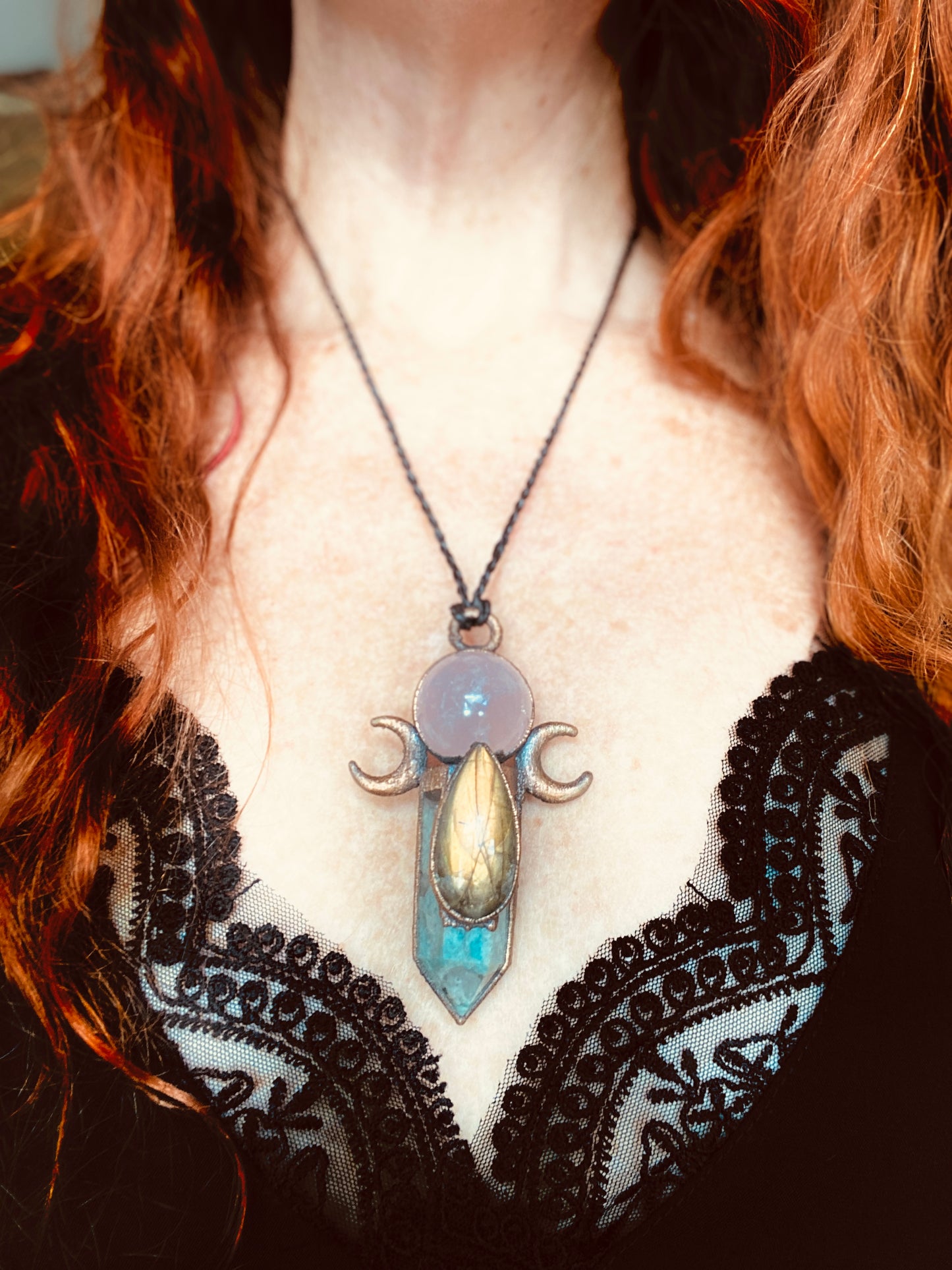 Maharaja Moon Pendant - Amazonite Crystal with Fire Labradorite and Rose Quartz Pendant