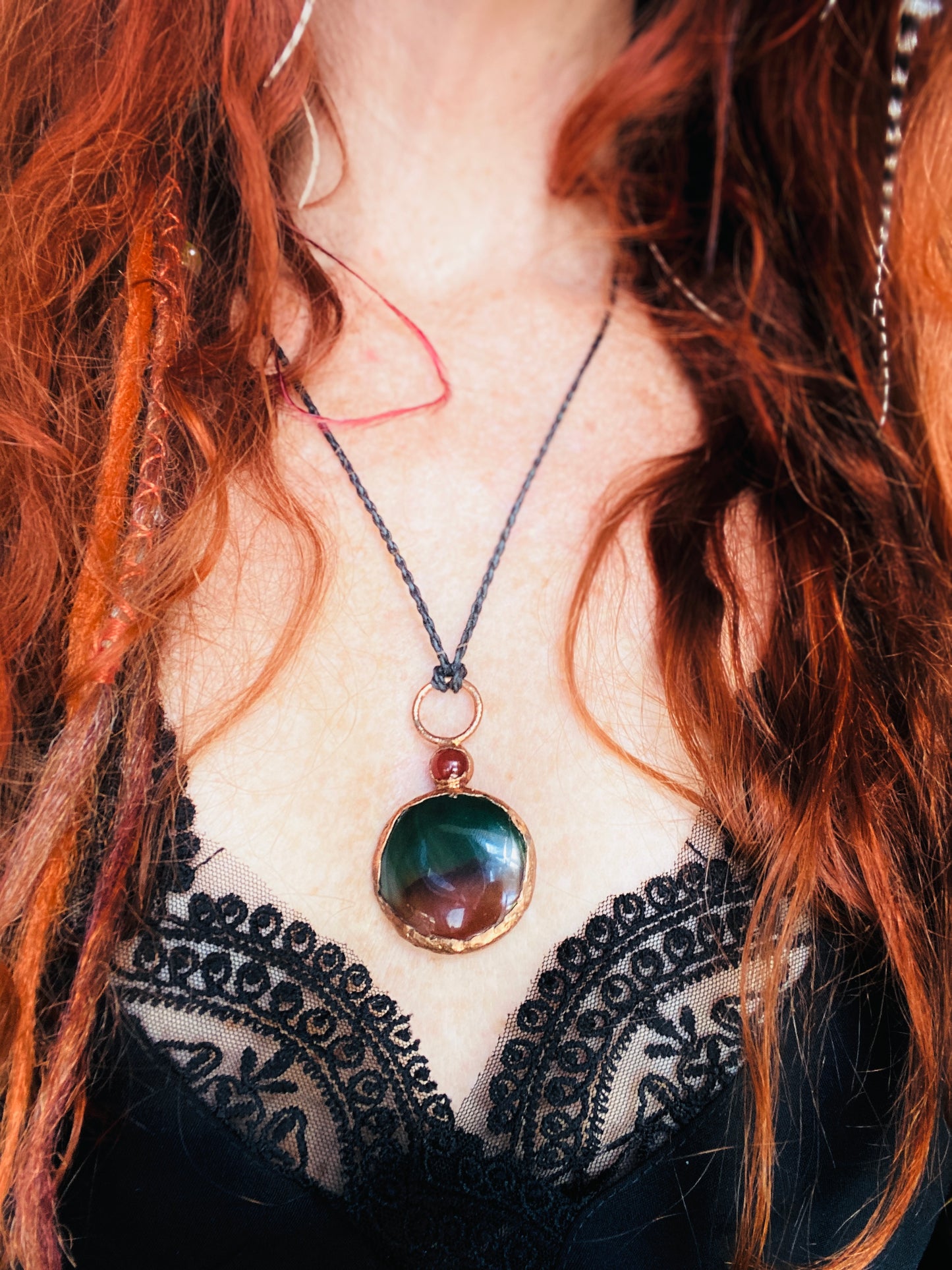 Indian Agate & Carnelian Pendant | Handmade Copper Crystal Necklace