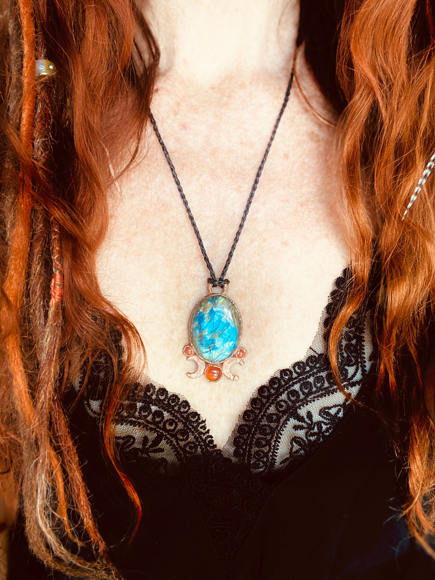 Blue Labradorite Copper Pendant | Crescent Moon & Labradorite Necklace