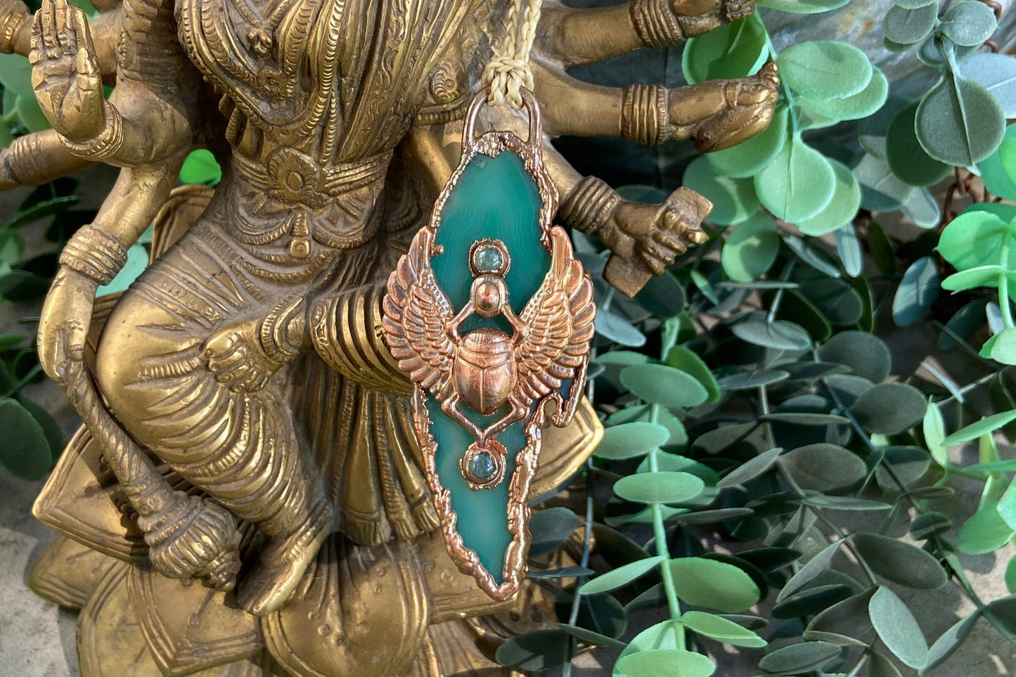 Green Agate Scarab Pendant | Handmade Egyptian Crystal Necklace