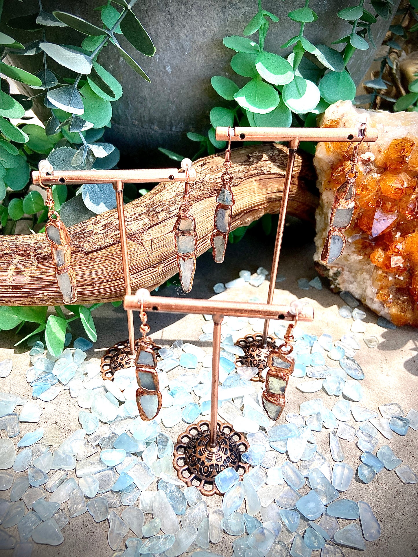 Tumbled Aquamarine Copper Earrings | Handmade March Birthstone Gift