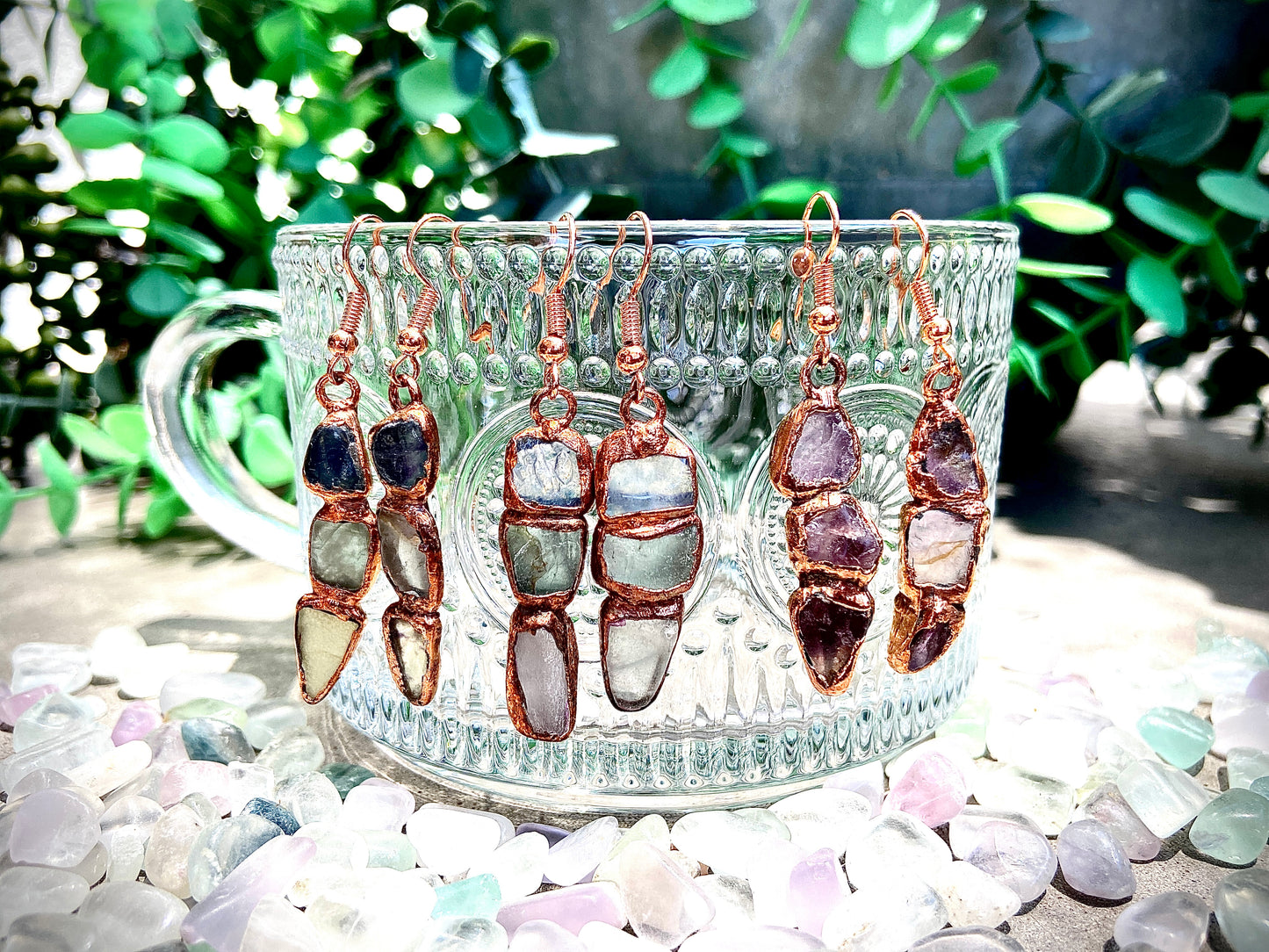 Rainbow Fluorite Copper Earrings | Handmade Crystal Dangly Earrings
