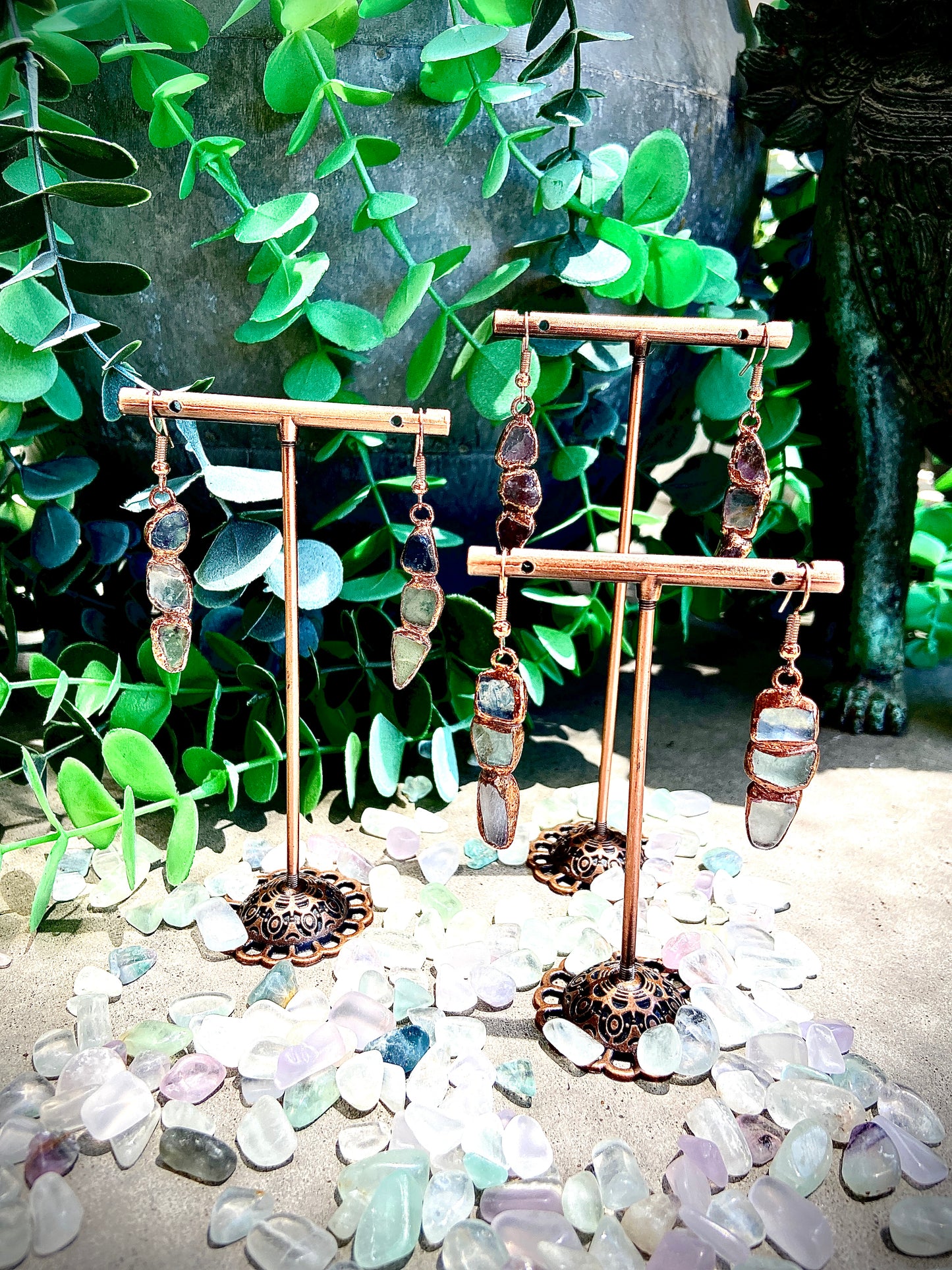 Rainbow Fluorite Copper Earrings | Handmade Crystal Dangly Earrings