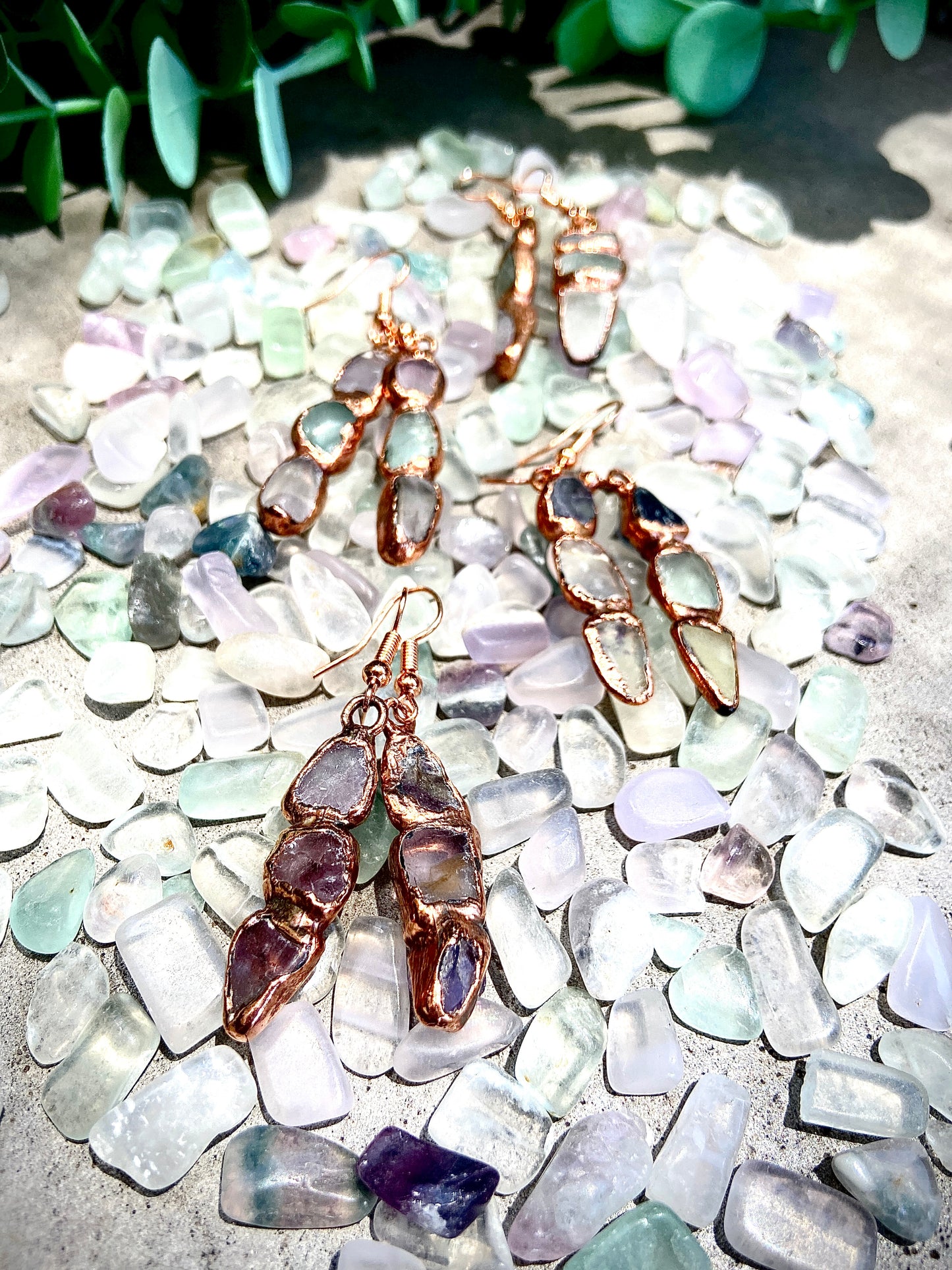 Rainbow Fluorite Copper Earrings | Handmade Crystal Dangly Earrings
