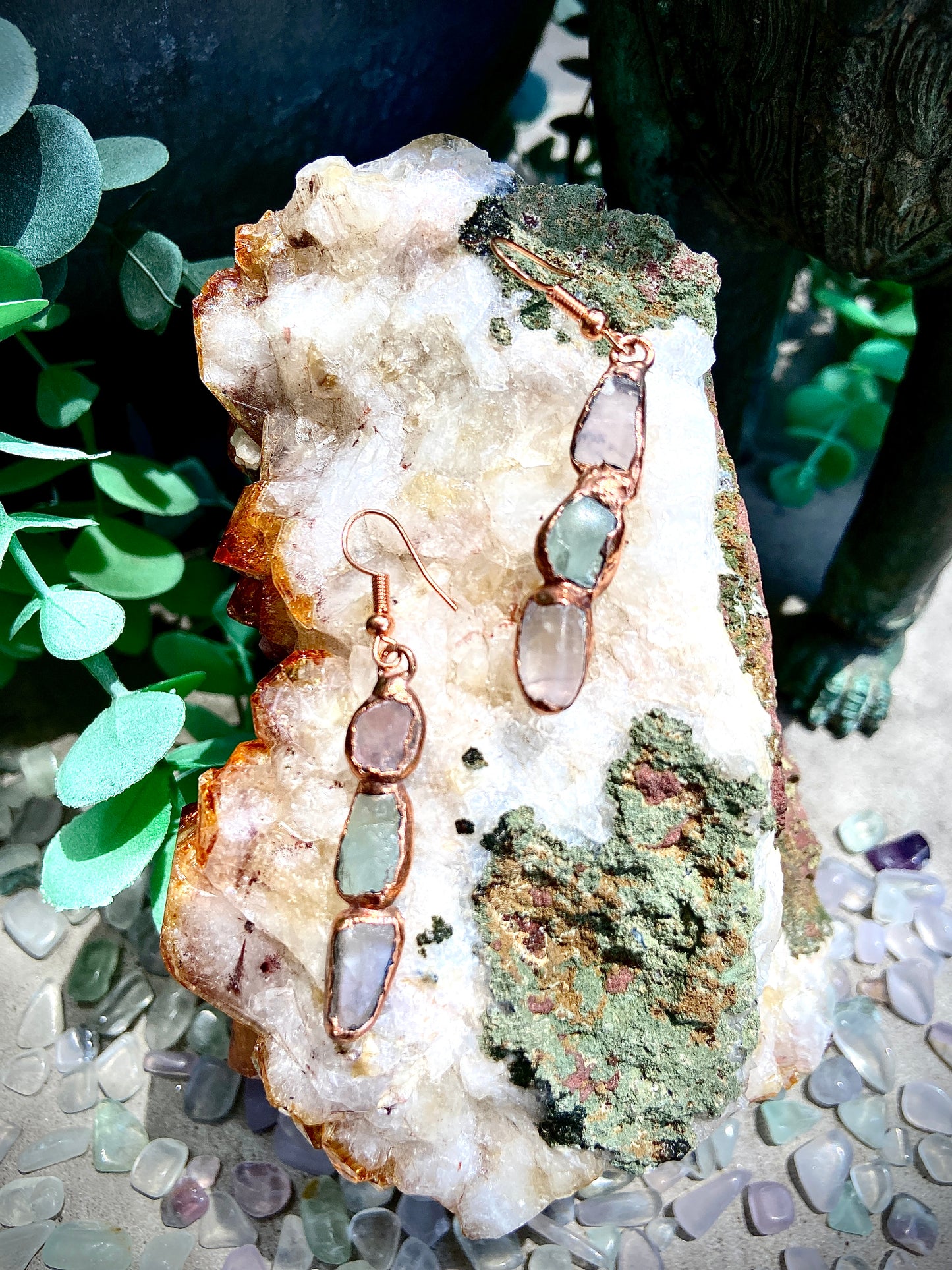 Rainbow Fluorite Copper Earrings | Handmade Crystal Dangly Earrings