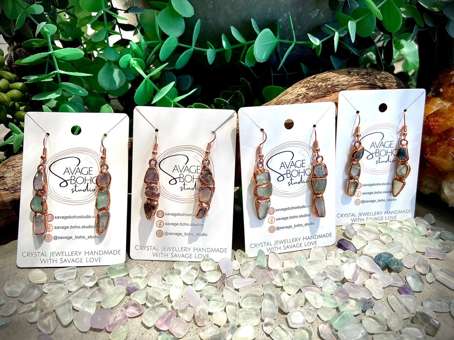Rainbow Fluorite Copper Earrings | Handmade Crystal Dangly Earrings