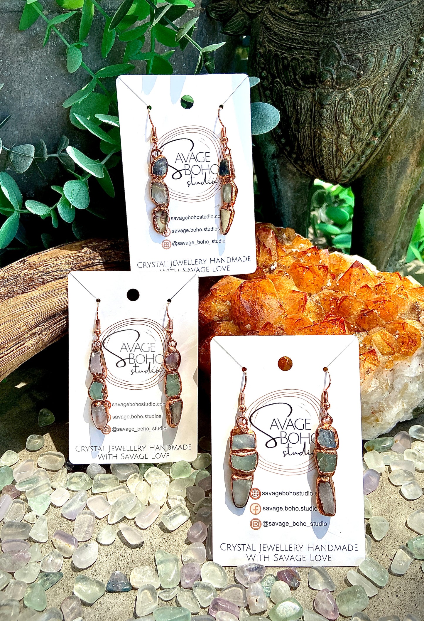 Rainbow Fluorite Copper Earrings | Handmade Crystal Dangly Earrings