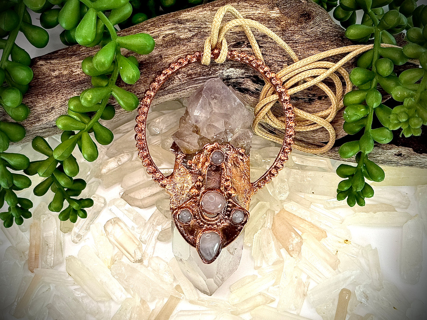 Handmade copper pendant with tangerine quartz point, smoky quartz, and rose quartz cabochons – queenly boho statement necklace.