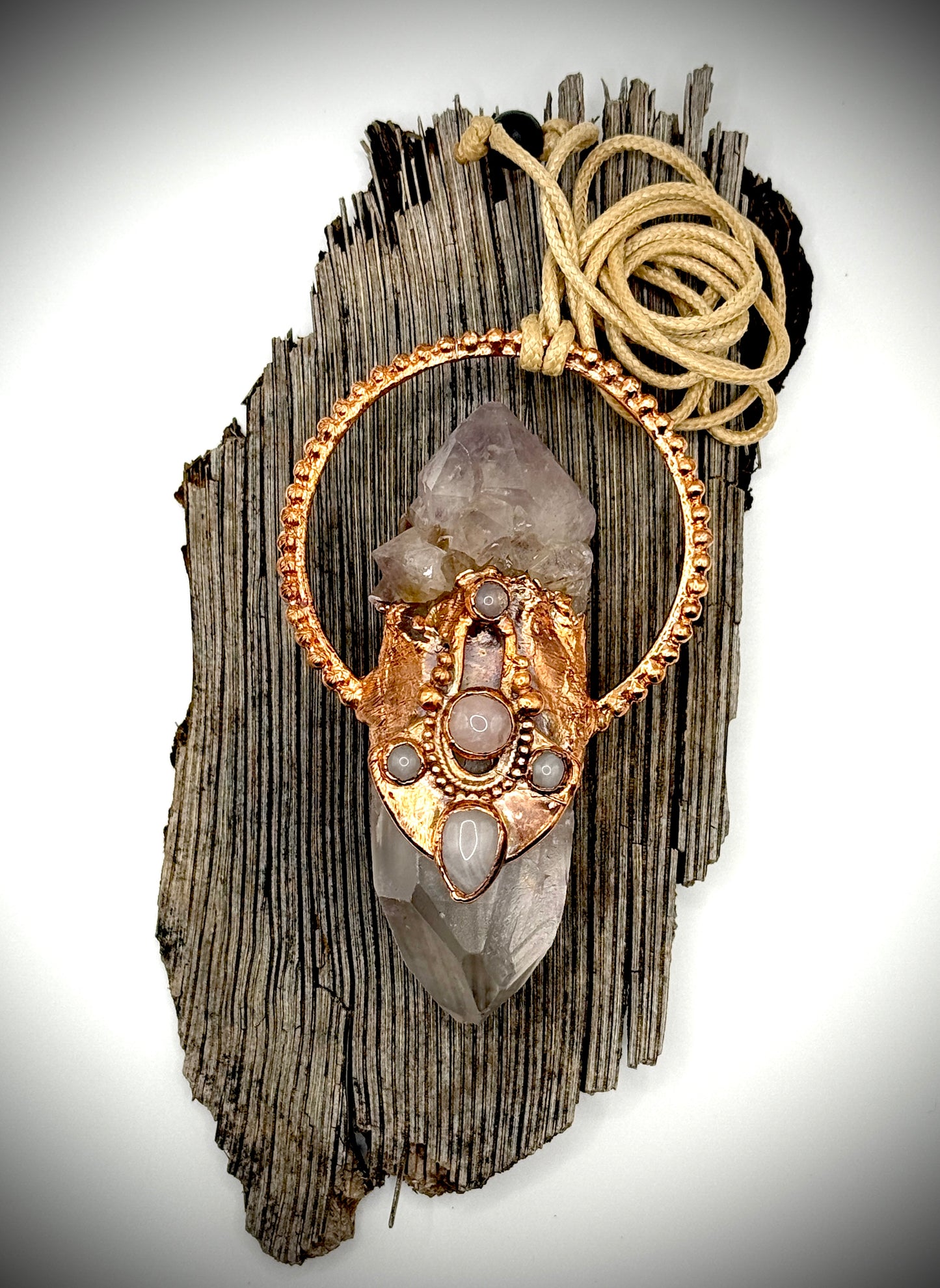 Handmade copper pendant with tangerine quartz point, smoky quartz, and rose quartz cabochons – queenly boho statement necklace.