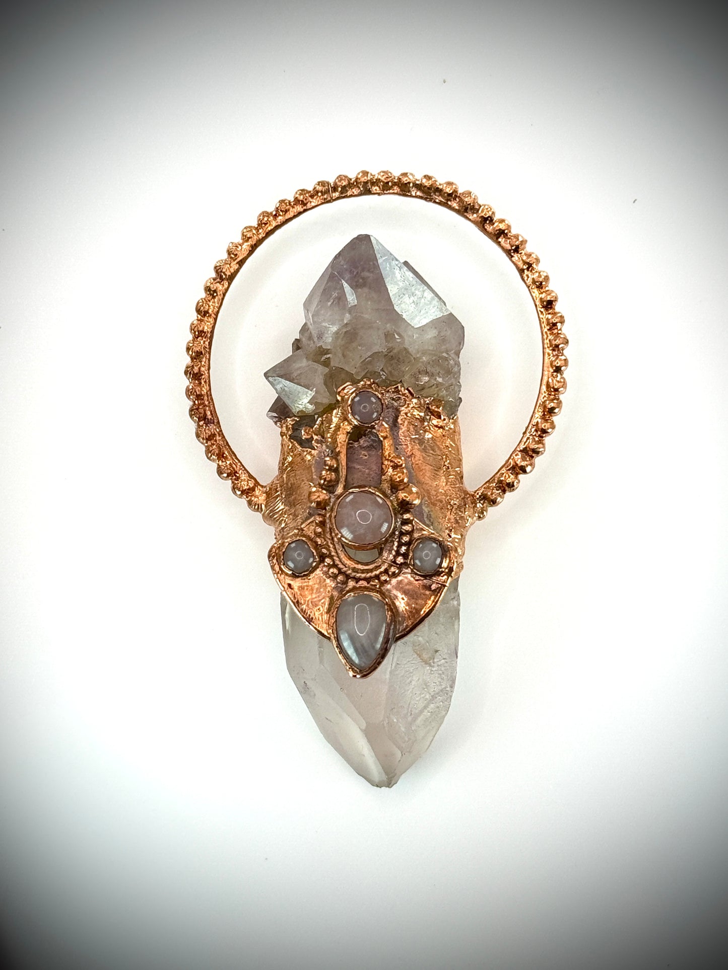 Handmade copper pendant with tangerine quartz point, smoky quartz, and rose quartz cabochons – queenly boho statement necklace.