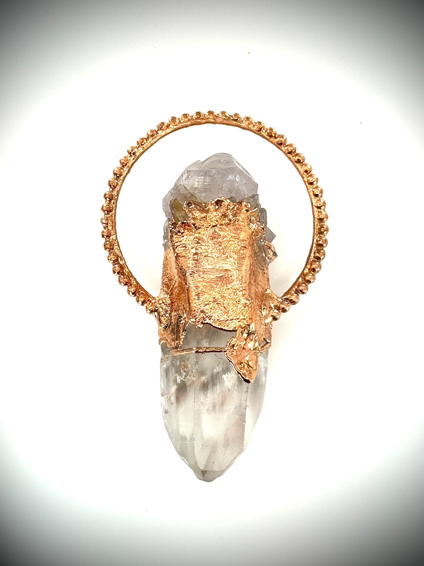 Handmade copper pendant with tangerine quartz point, smoky quartz, and rose quartz cabochons – queenly boho statement necklace.