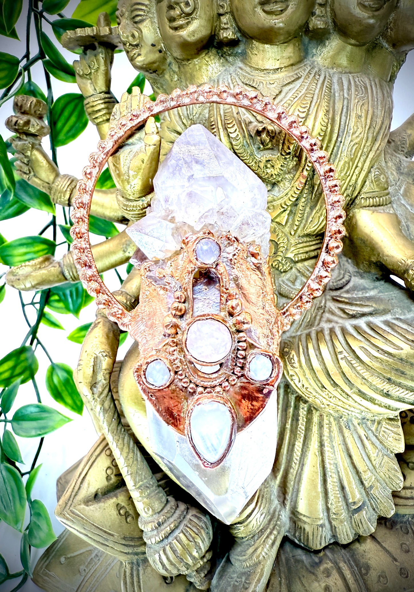 Handmade copper pendant with tangerine quartz point, smoky quartz, and rose quartz cabochons – queenly boho statement necklace.