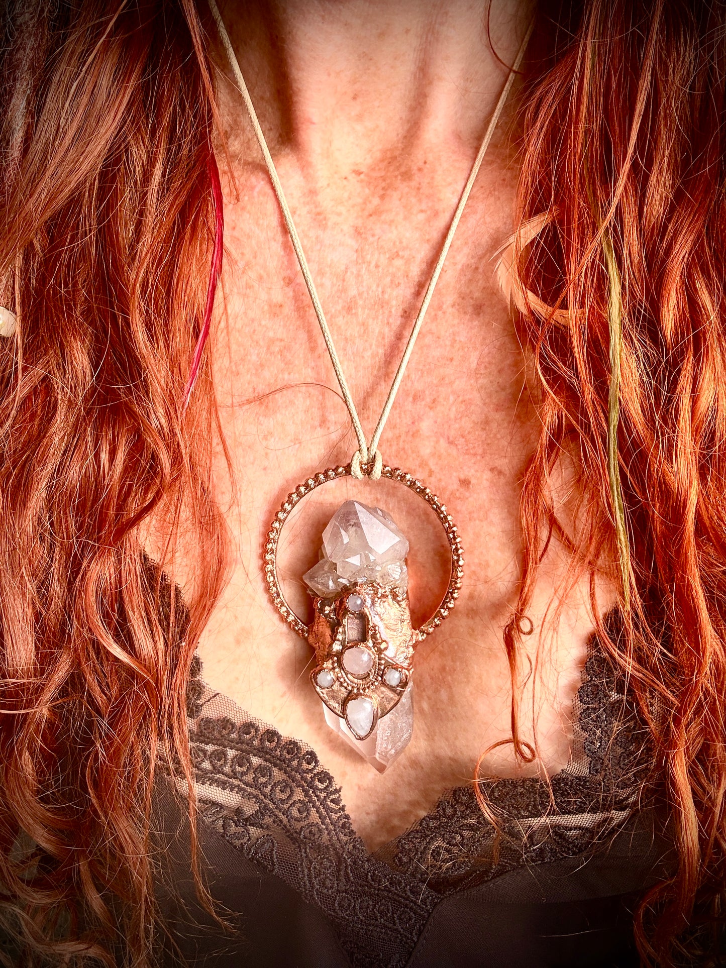 Handmade copper pendant with tangerine quartz point, smoky quartz, and rose quartz cabochons – queenly boho statement necklace.