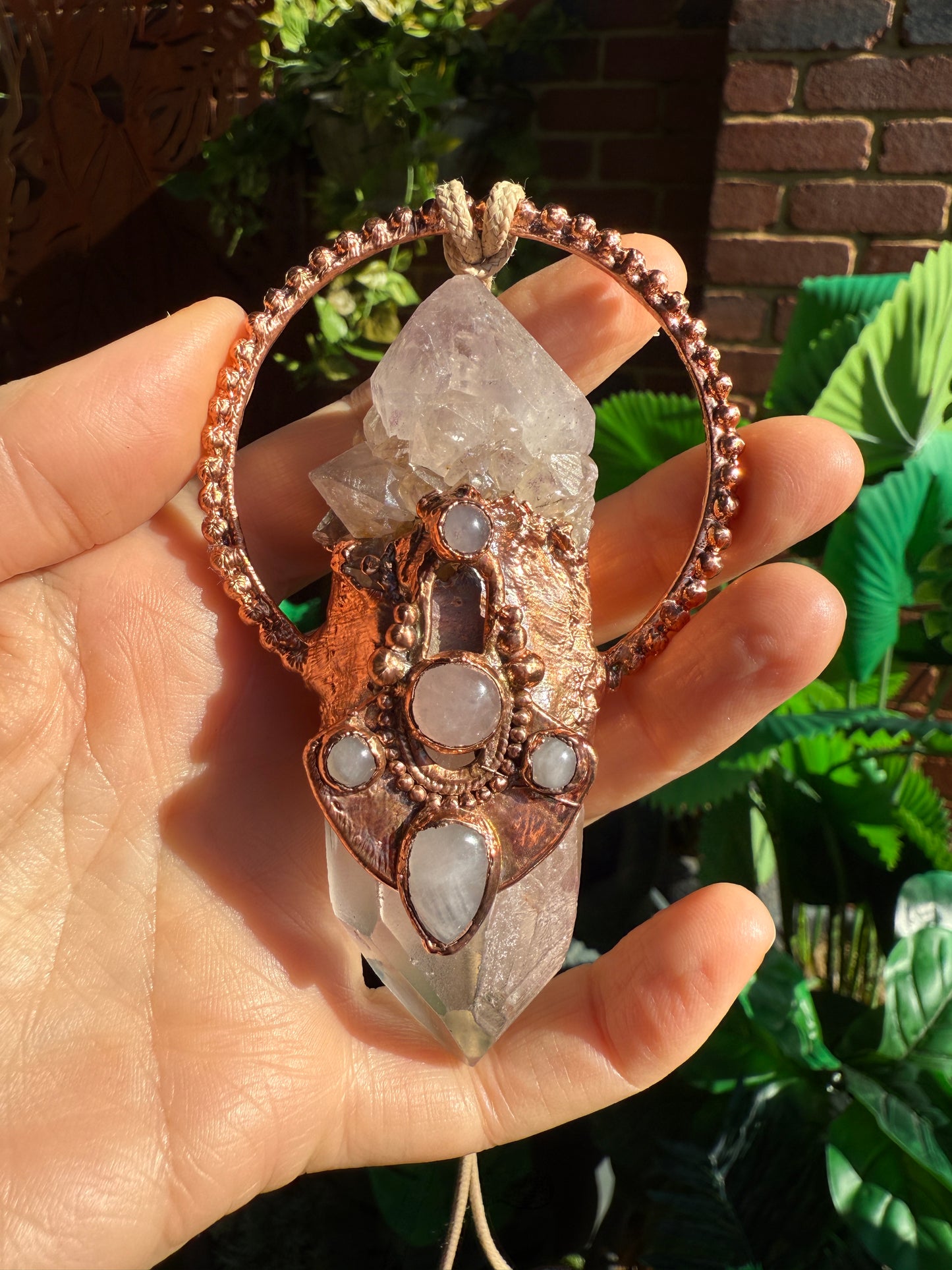 Handmade copper pendant with tangerine quartz point, smoky quartz, and rose quartz cabochons – queenly boho statement necklace.