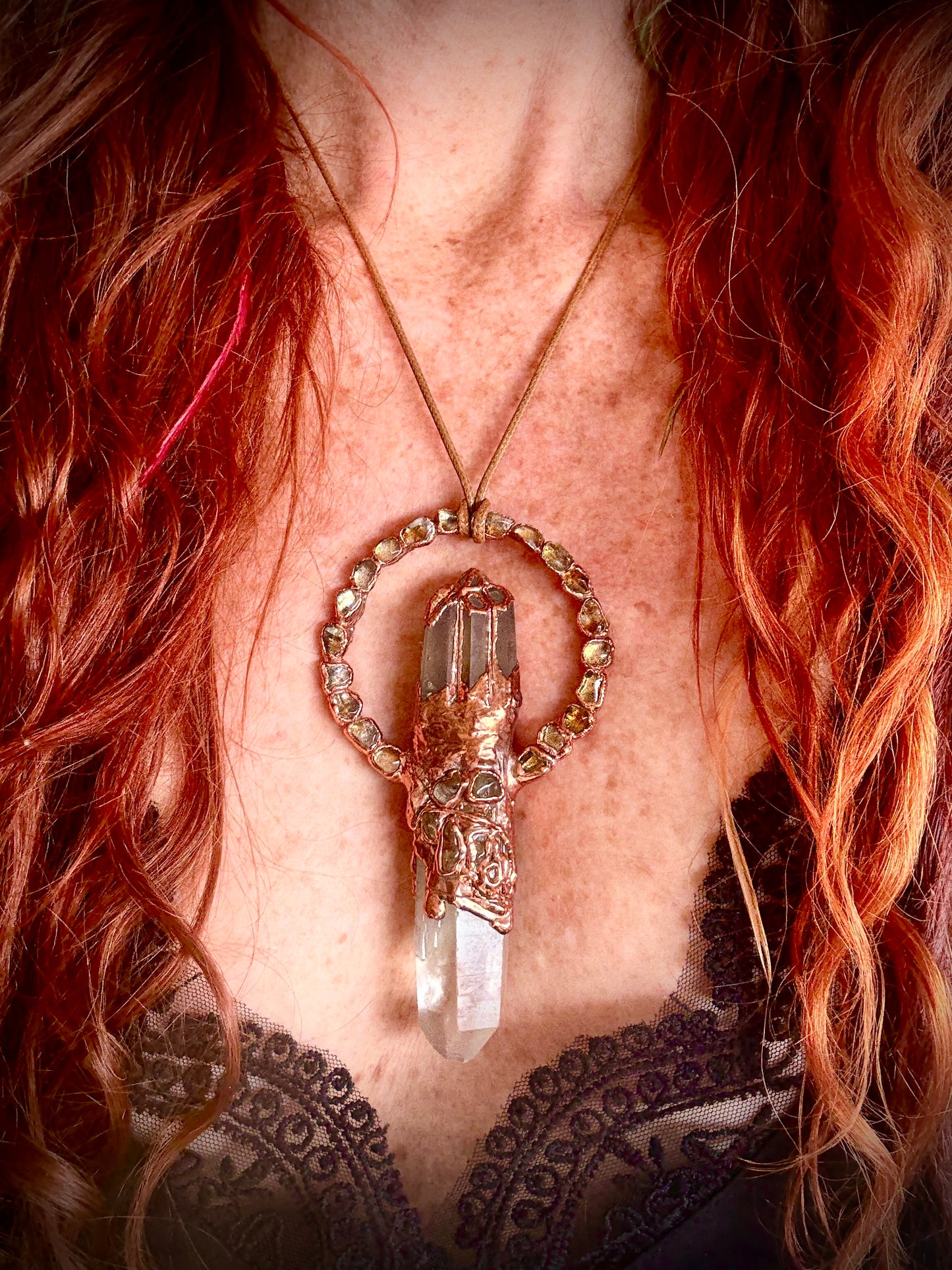 Citrine Dream pendant with citrine point and smoky quartz crown – handmade boho crystal statement necklace.