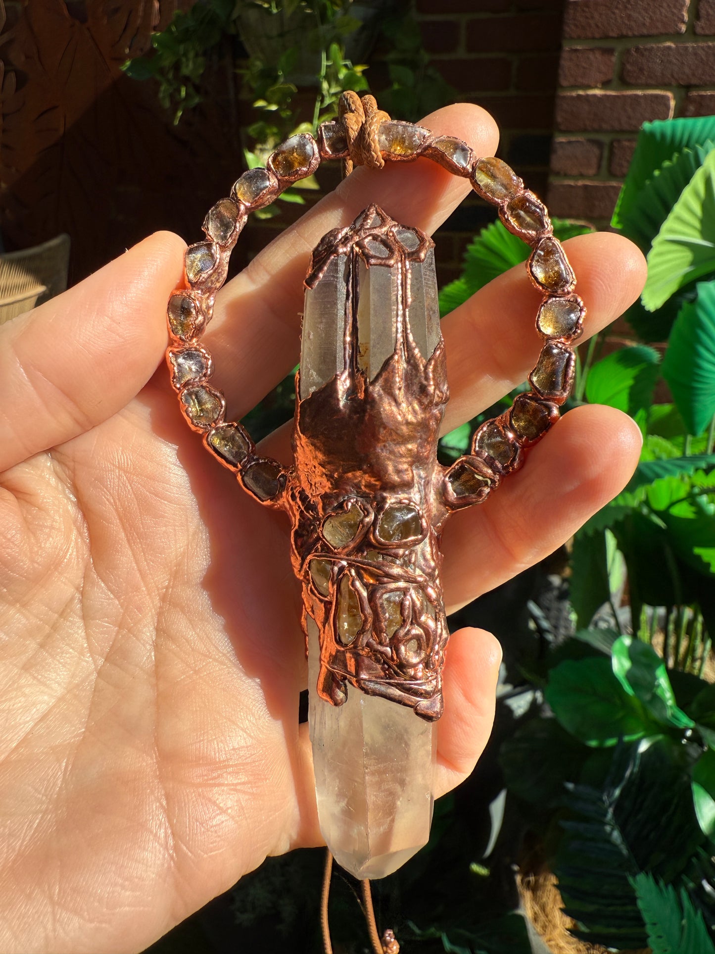 Citrine Dream pendant with citrine point and smoky quartz crown – handmade boho crystal statement necklace.