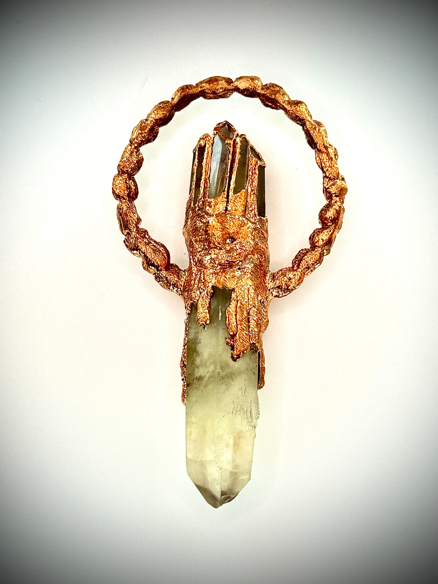 Handmade copper pendant featuring a citrine point, smoky quartz crown, and tumbled citrine accents – sunburst crystal jewellery for confidence and joy.