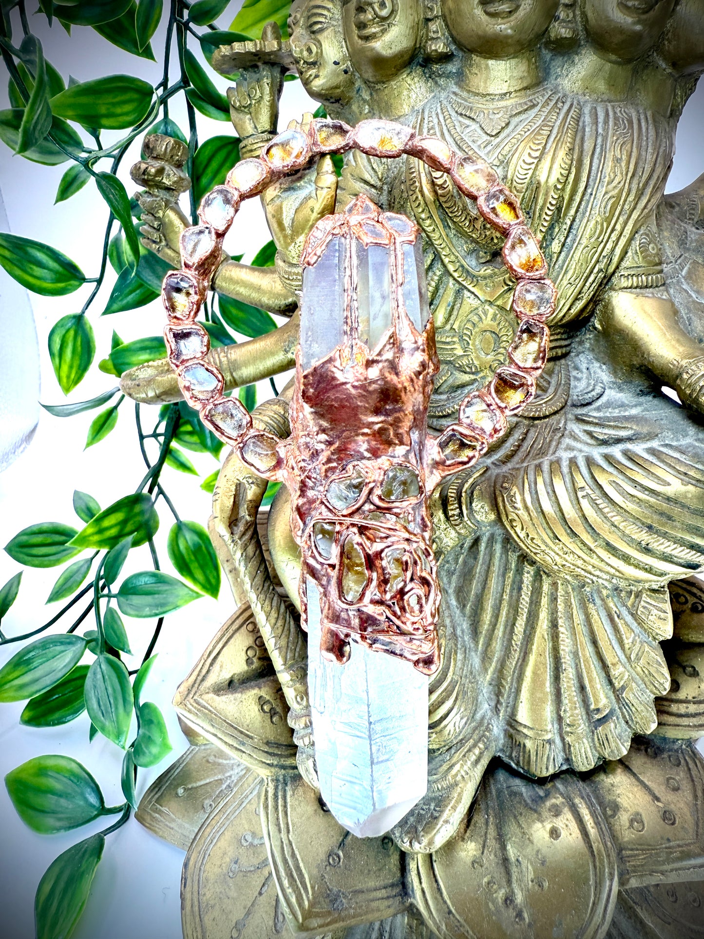 Citrine Dream pendant with citrine point and smoky quartz crown – handmade boho crystal statement necklace.