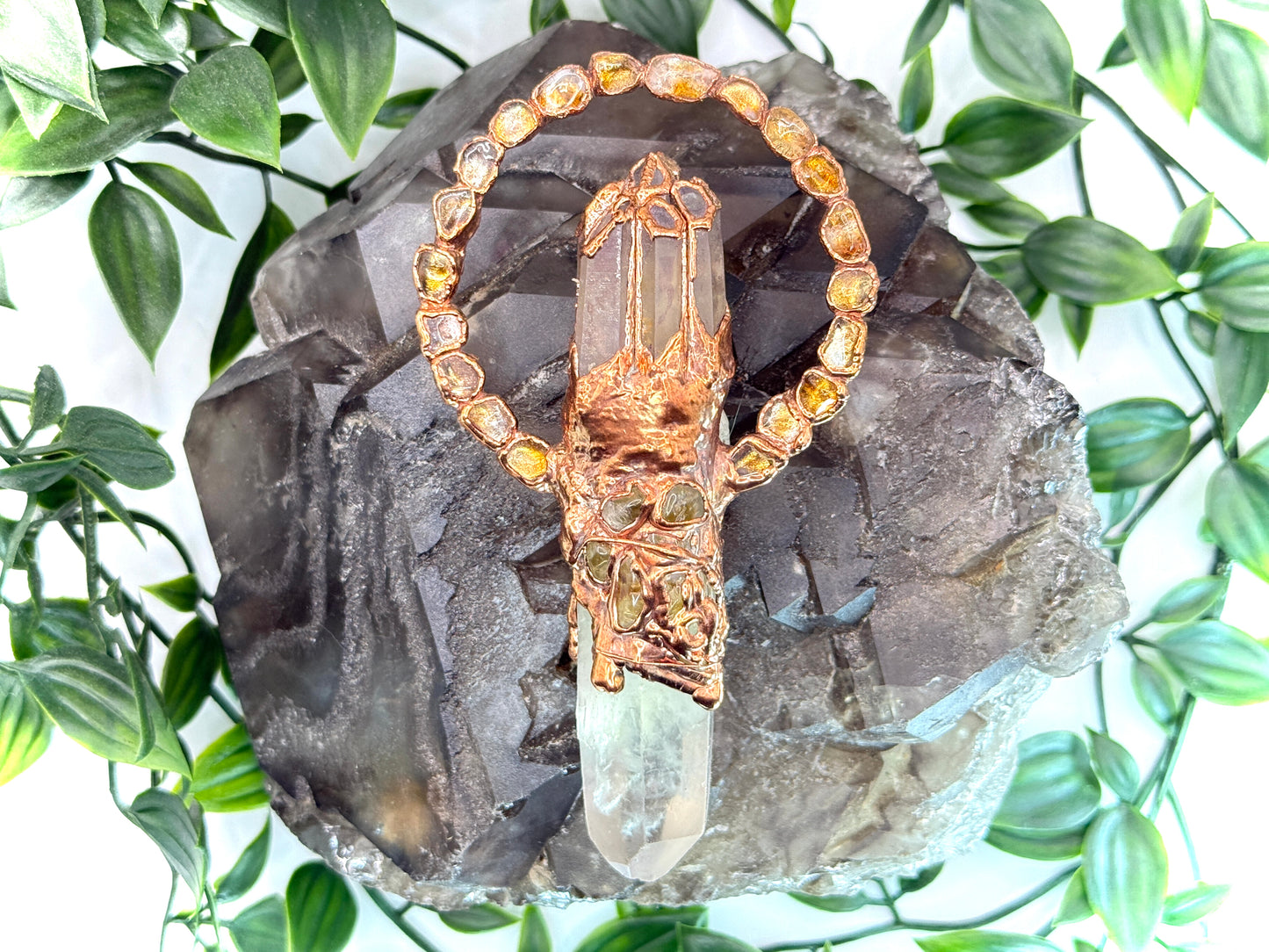 Citrine Dream pendant with citrine point and smoky quartz crown – handmade boho crystal statement necklace.