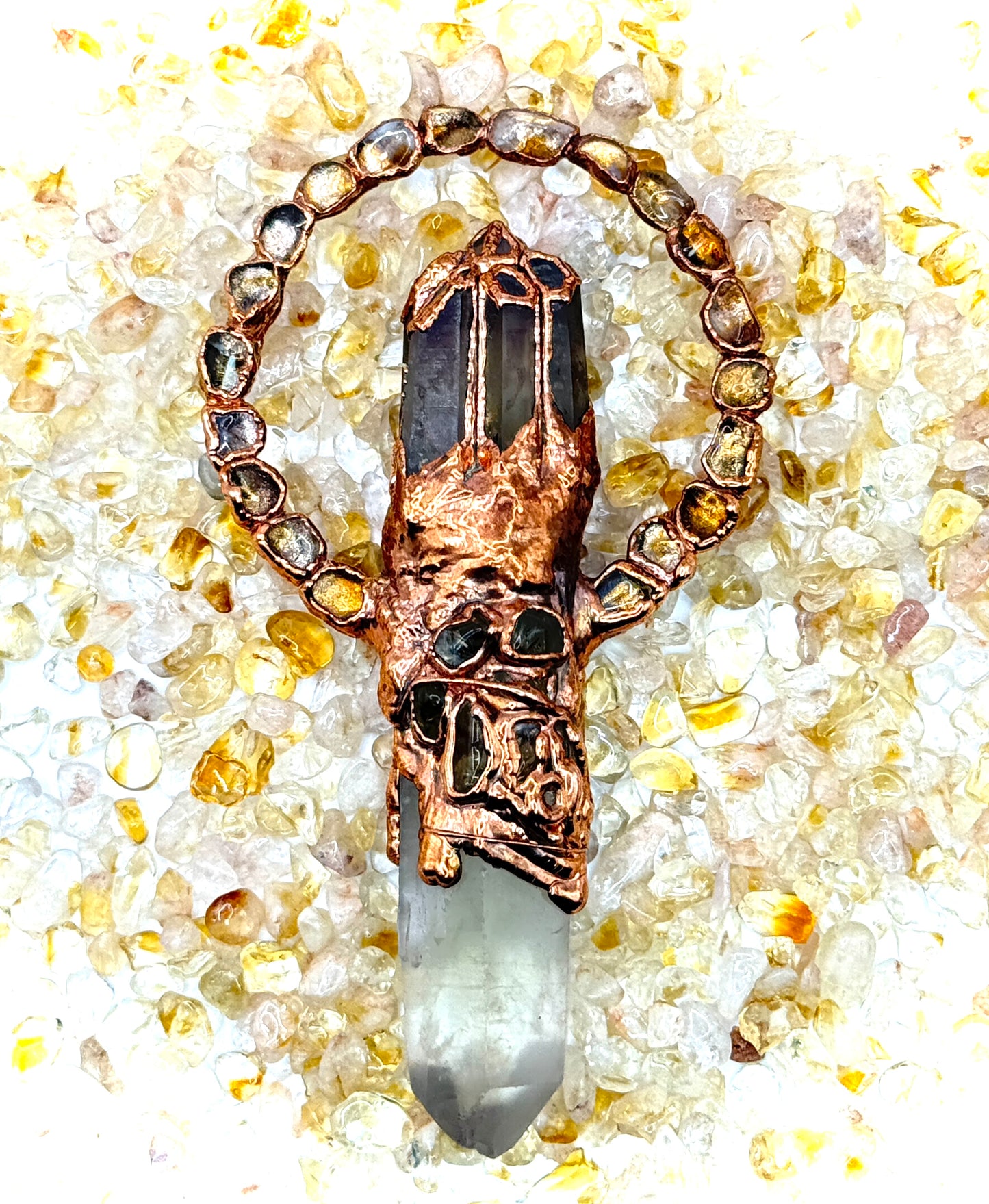 Citrine Dream pendant with citrine point and smoky quartz crown – handmade boho crystal statement necklace.