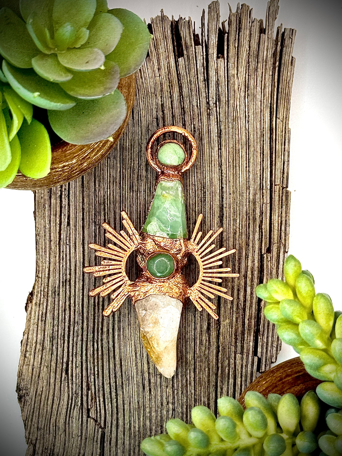 Handmade copper pendant with citrine and green calcite – sunburst design crystal jewellery for confidence and heart healing.