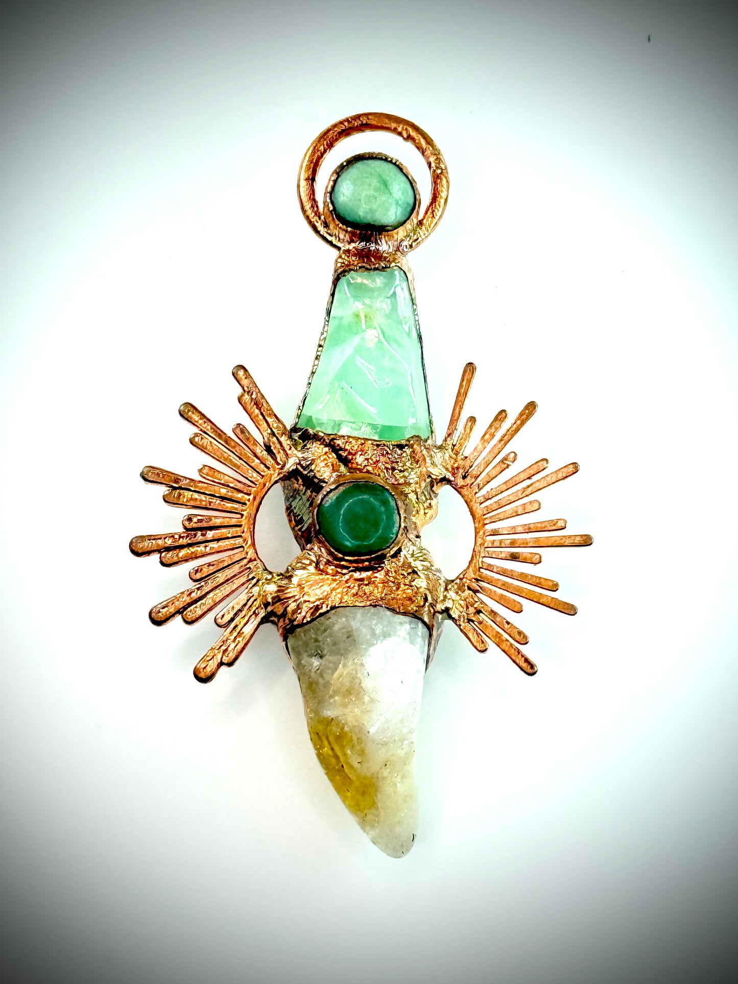 Handmade copper pendant with citrine and green calcite – sunburst design crystal jewellery for confidence and heart healing.