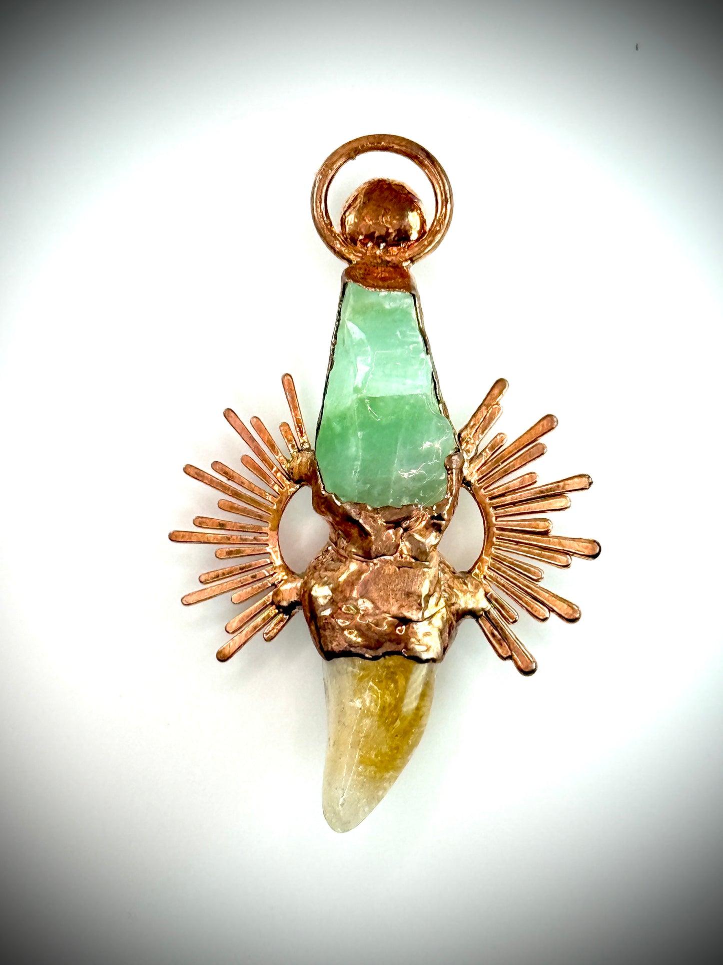 Handmade copper pendant with citrine and green calcite – sunburst design crystal jewellery for confidence and heart healing.