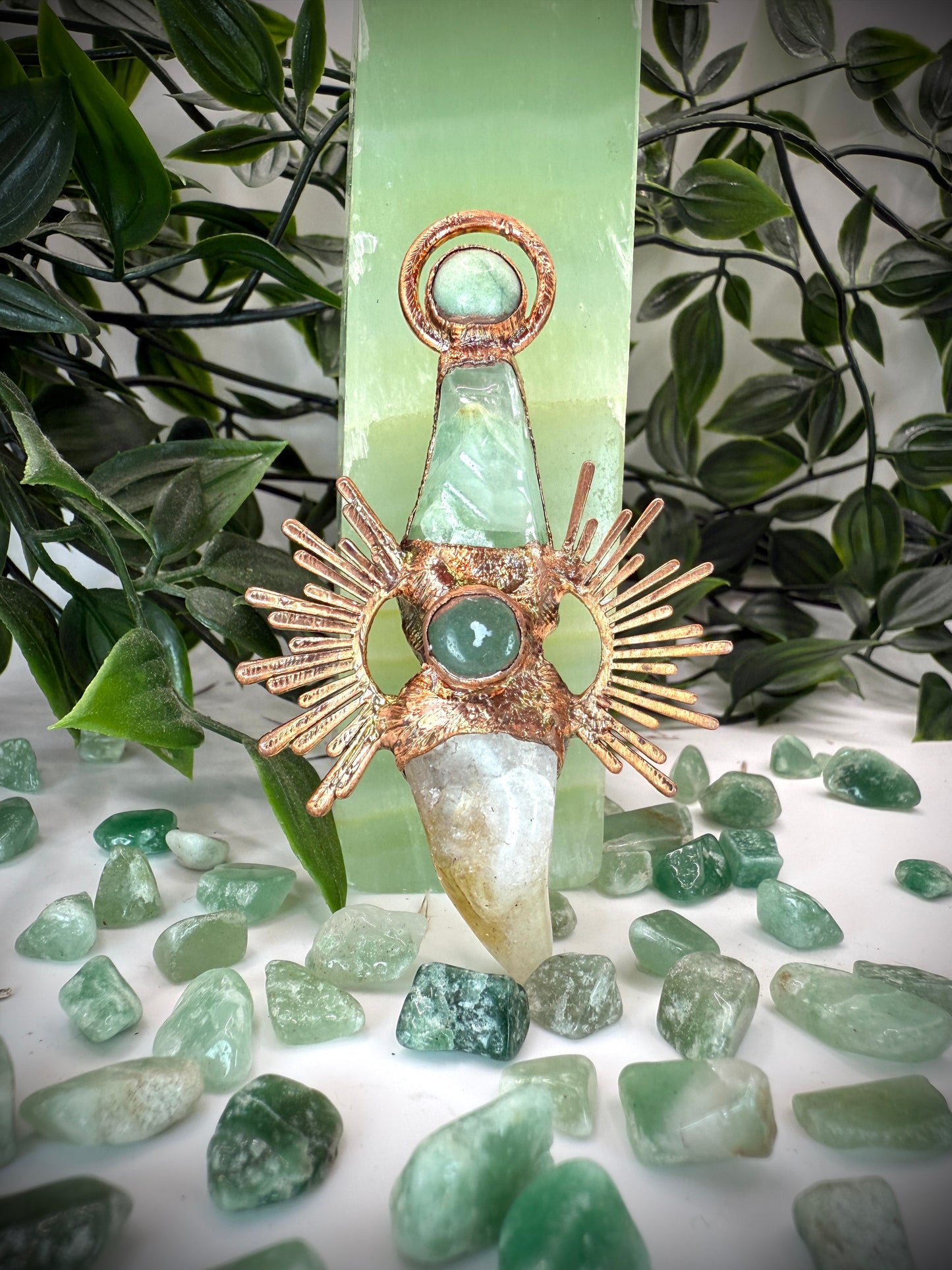Handmade copper pendant with citrine and green calcite – sunburst design crystal jewellery for confidence and heart healing.