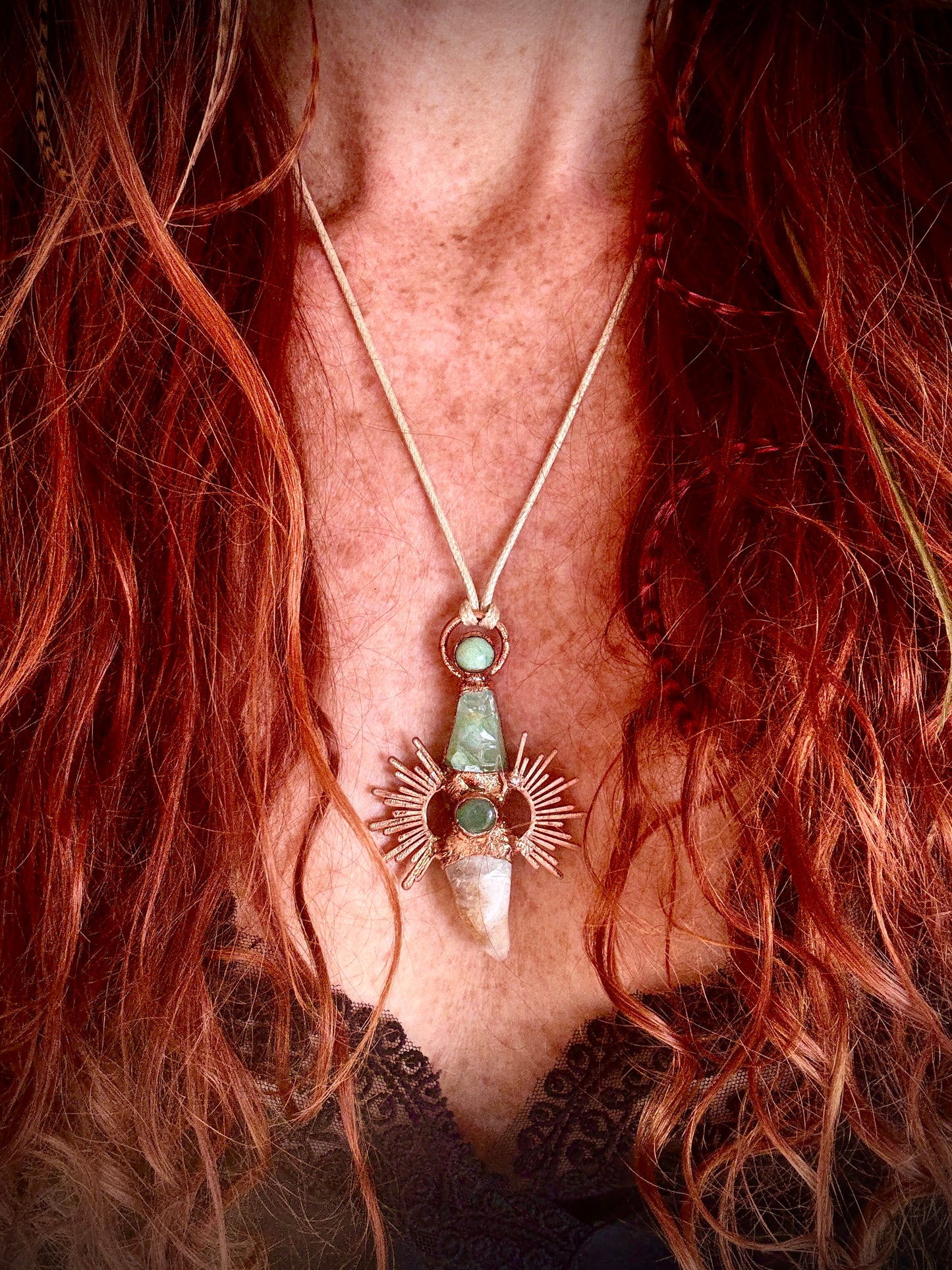 Handmade copper pendant with citrine and green calcite – sunburst design crystal jewellery for confidence and heart healing.