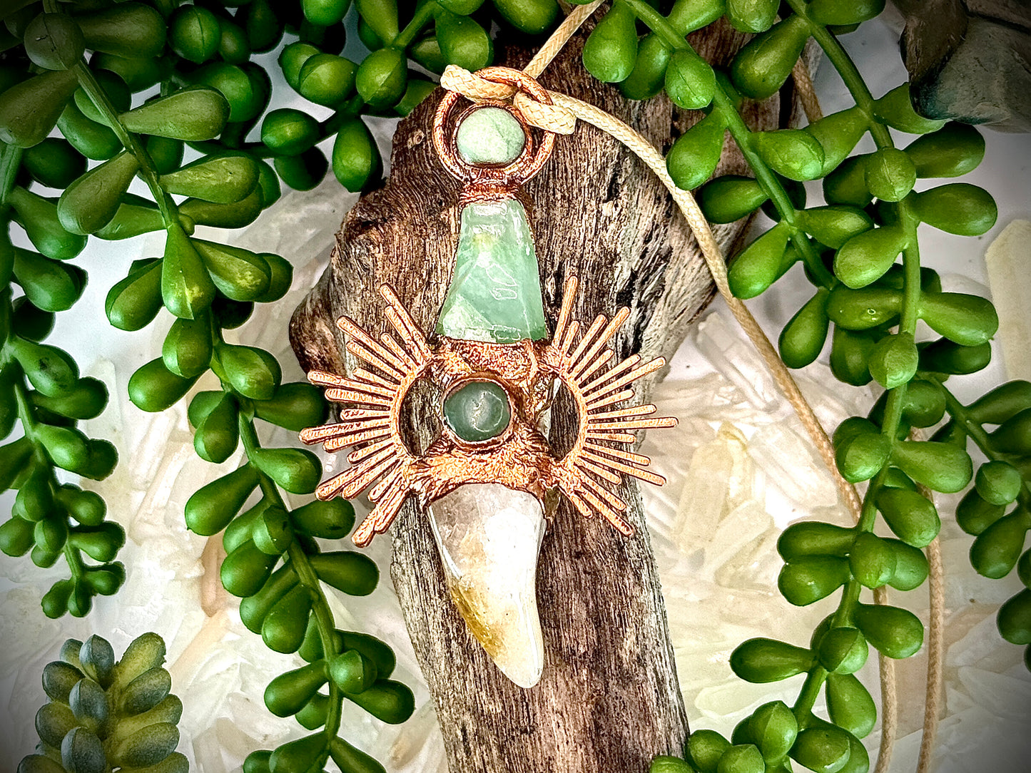 Handmade copper pendant with citrine and green calcite – sunburst design crystal jewellery for confidence and heart healing.